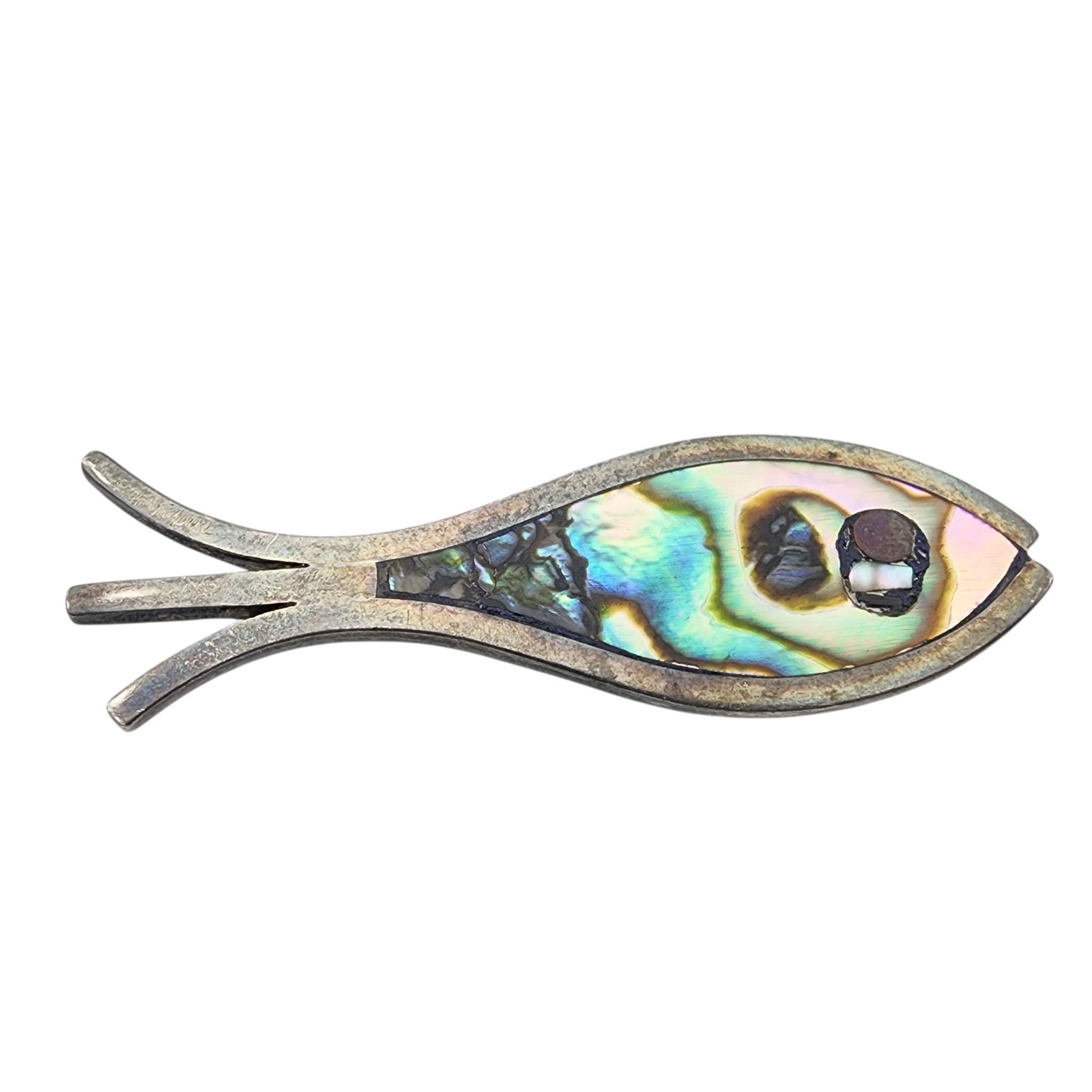 Signed Carlos Taxco Sterling Abalone Fish Brooch: Vintage Signed Carlos, Eagle 3 Taxco Sterling Abalone Fish Brooch - 5.2g
