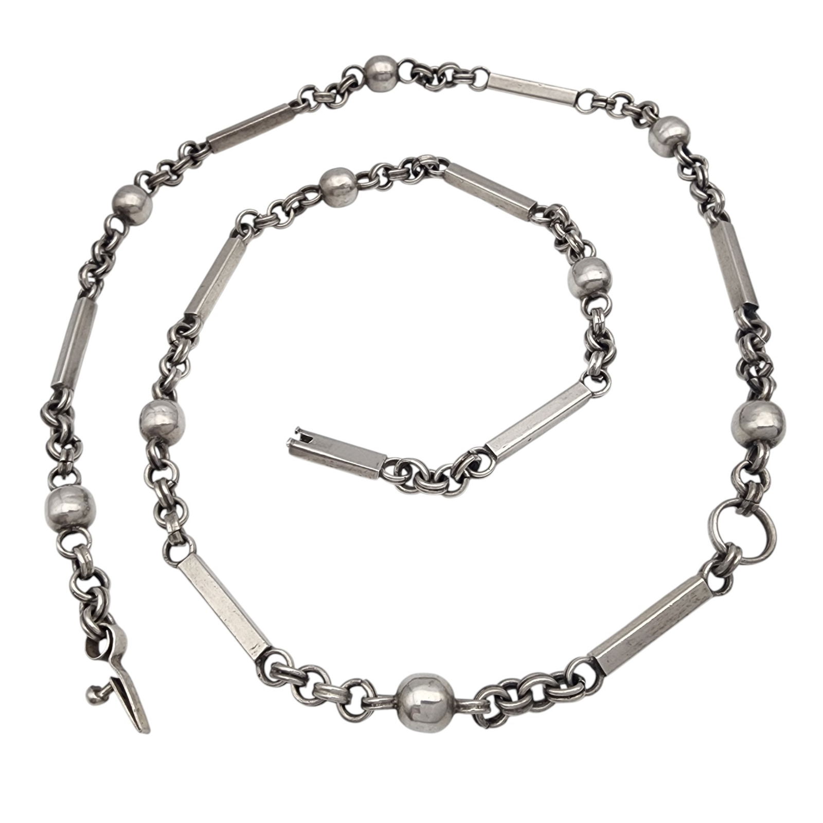 Signed Mexico Eagle 1 Sterling Bar and Bead Chain Necklace: Signed 'RAE' Mexico Eagle 1 Sterling Bar and Bead Chain Necklace - 57.9g - a very nice necklace! - approx 28"