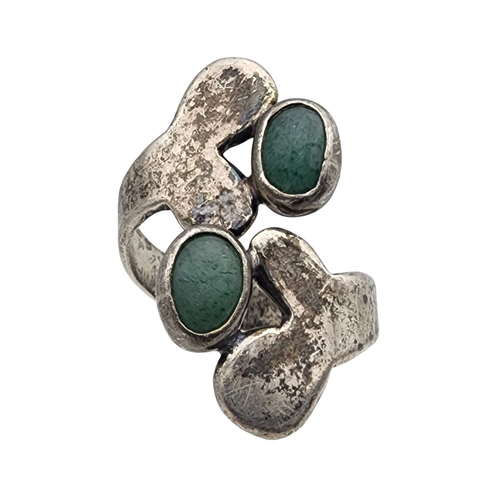 Signed Mexico Sterling Bypass Ring Sz 8: Signed Mexico Sterling Aventurine/Jade? Bypass Ring Sz 8/Adjustable - 6.9g