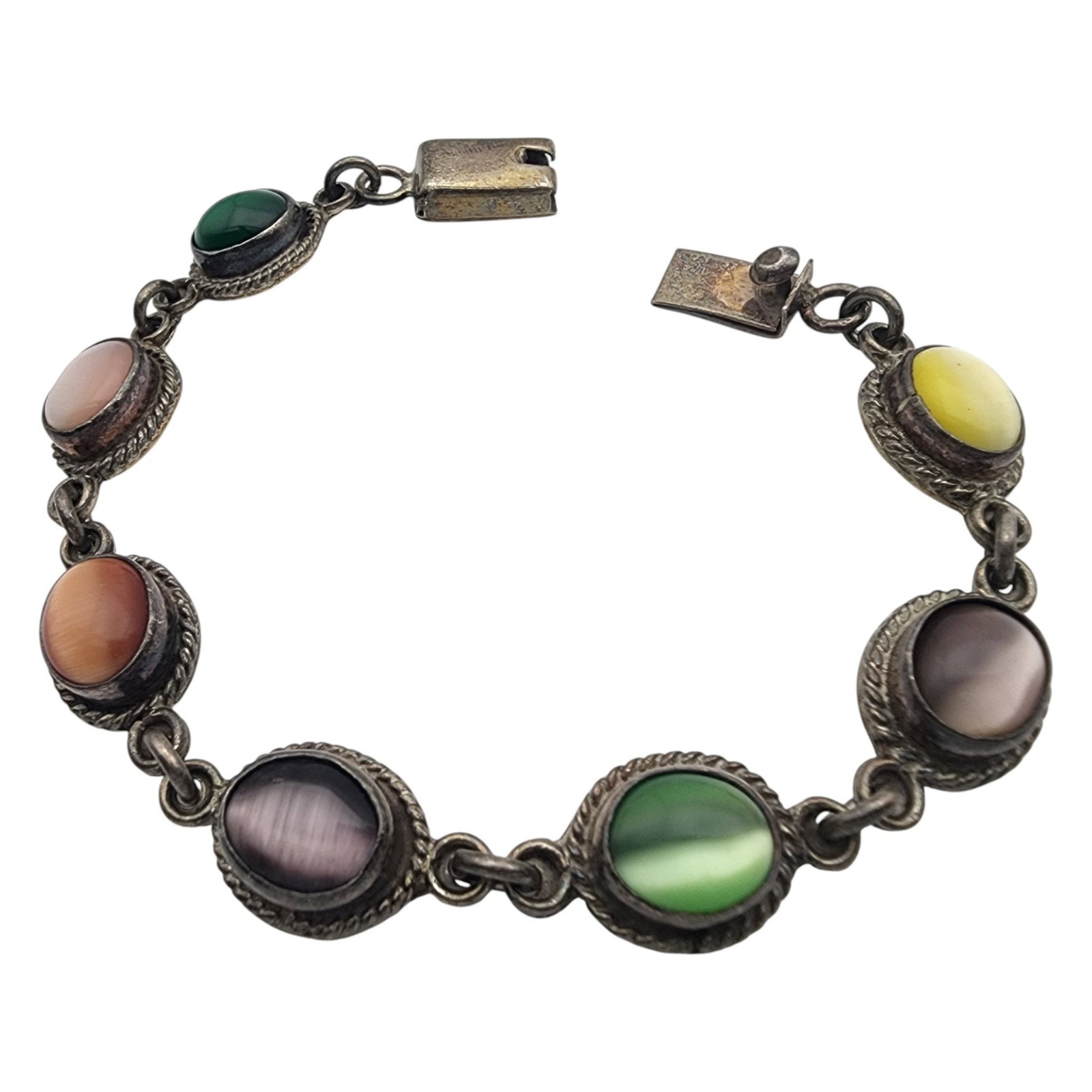 Mexico Sterling Multicolor Cats Eye Bracelet: Mexico Sterling Multicolor Cats Eye Bracelet - 24.9g