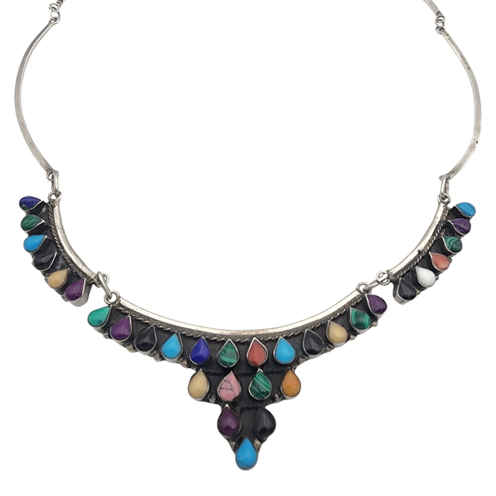 Taxco Mexico Sterling Multistone Link Necklace: Taxco Mexico Sterling Multistone Bar Link Necklace - 15.7g