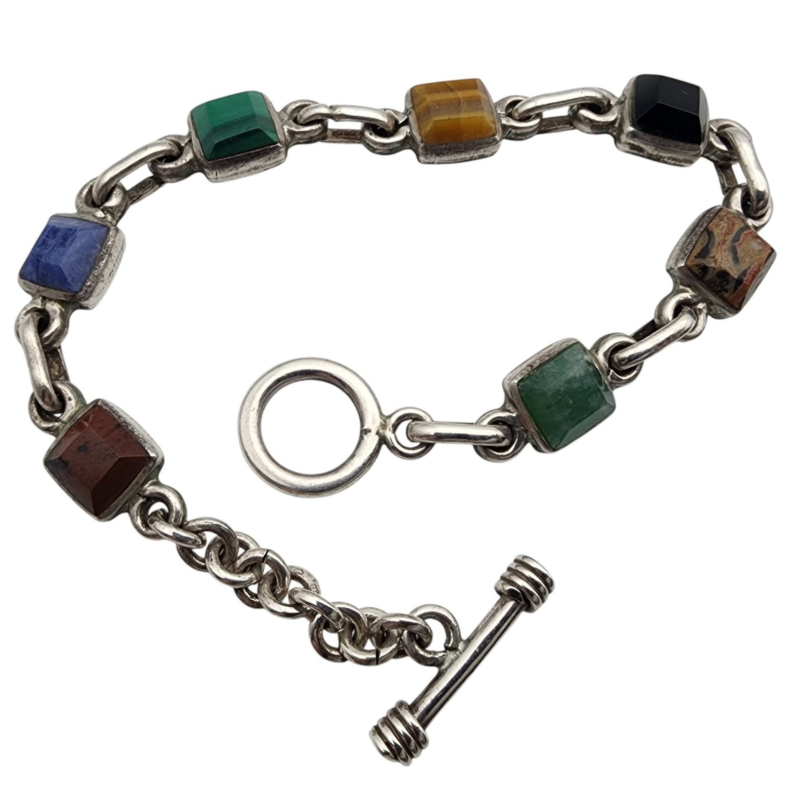 Mexico Sterling Multistone Link Bracelet: Mexico Sterling Multistone Link Bracelet - 26.7g