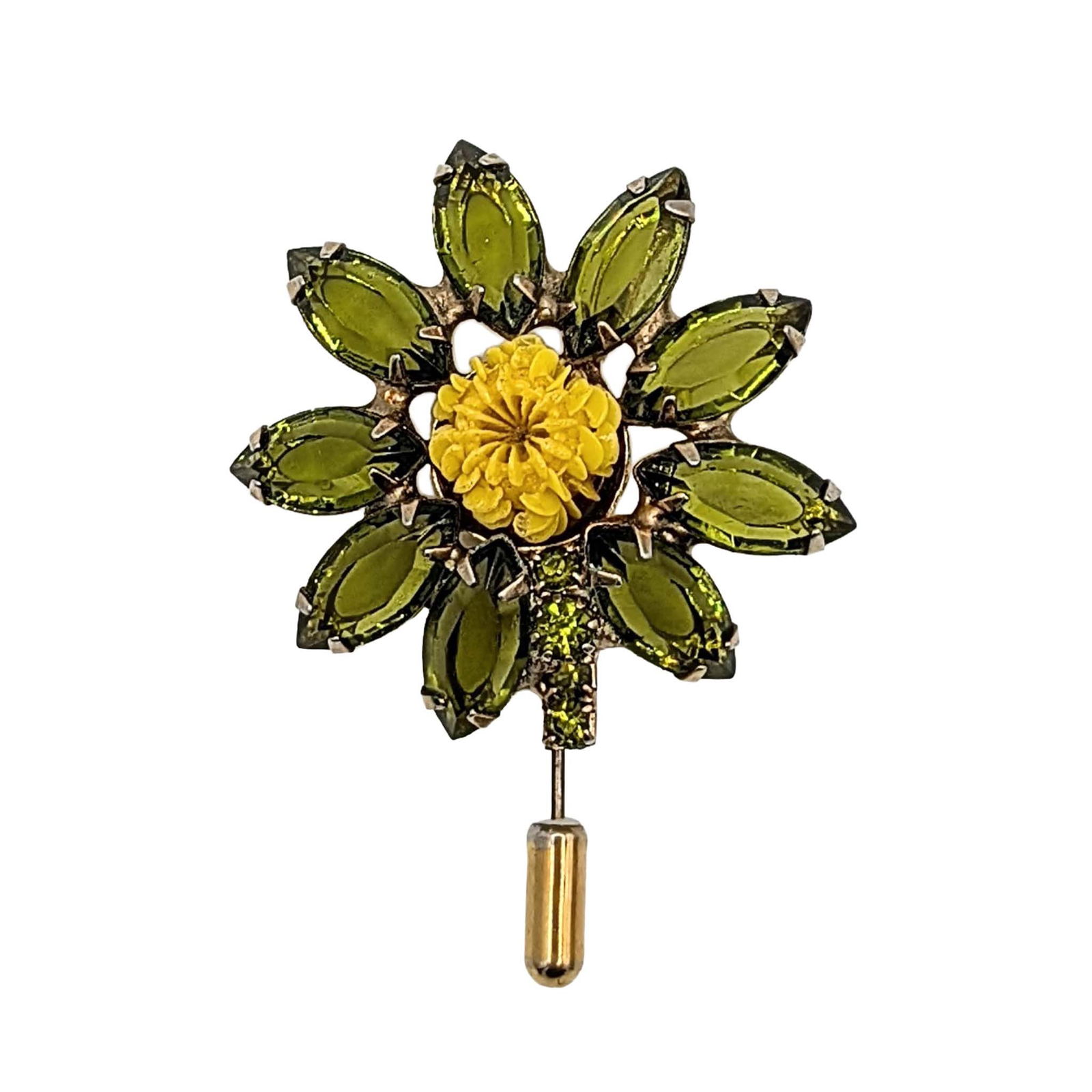 Alice Caviness Gold Tone Metal Rhinestone Flower Stick Pin Brooch: Alice Caviness Gold Tone Metal, Rhinestone, Acrylic Flower Stick Pin Brooch. Signed Alice Caviness. AS IS. Broken pin clasp repurposed Stick Pin. 12.3g