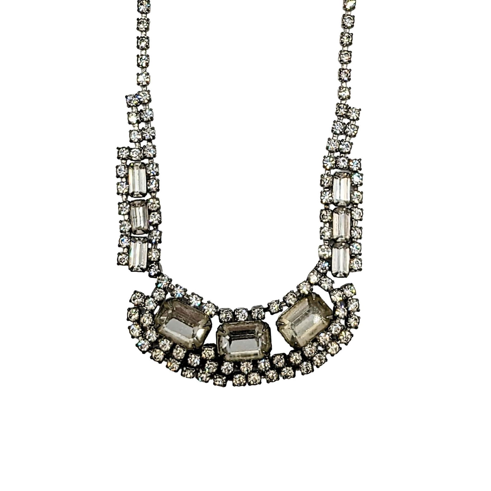 Vintage Silver Tone Metal Rhinestone Evening Collar Necklace: Vintage Silver Tone Metal, Rhinestone Evening Costume Collar Necklace. Unsigned. 33g