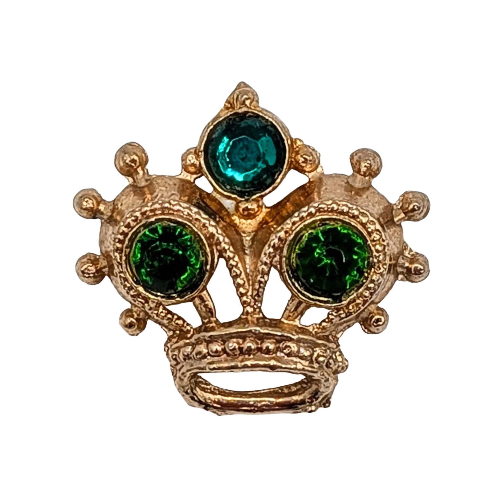 Vintage Gold Tone Metal Rhinestone Crown Brooch: Vintage Gold Tone Metal, Rhinestone Mini Crown Brooch. Unsigned. 3.2g