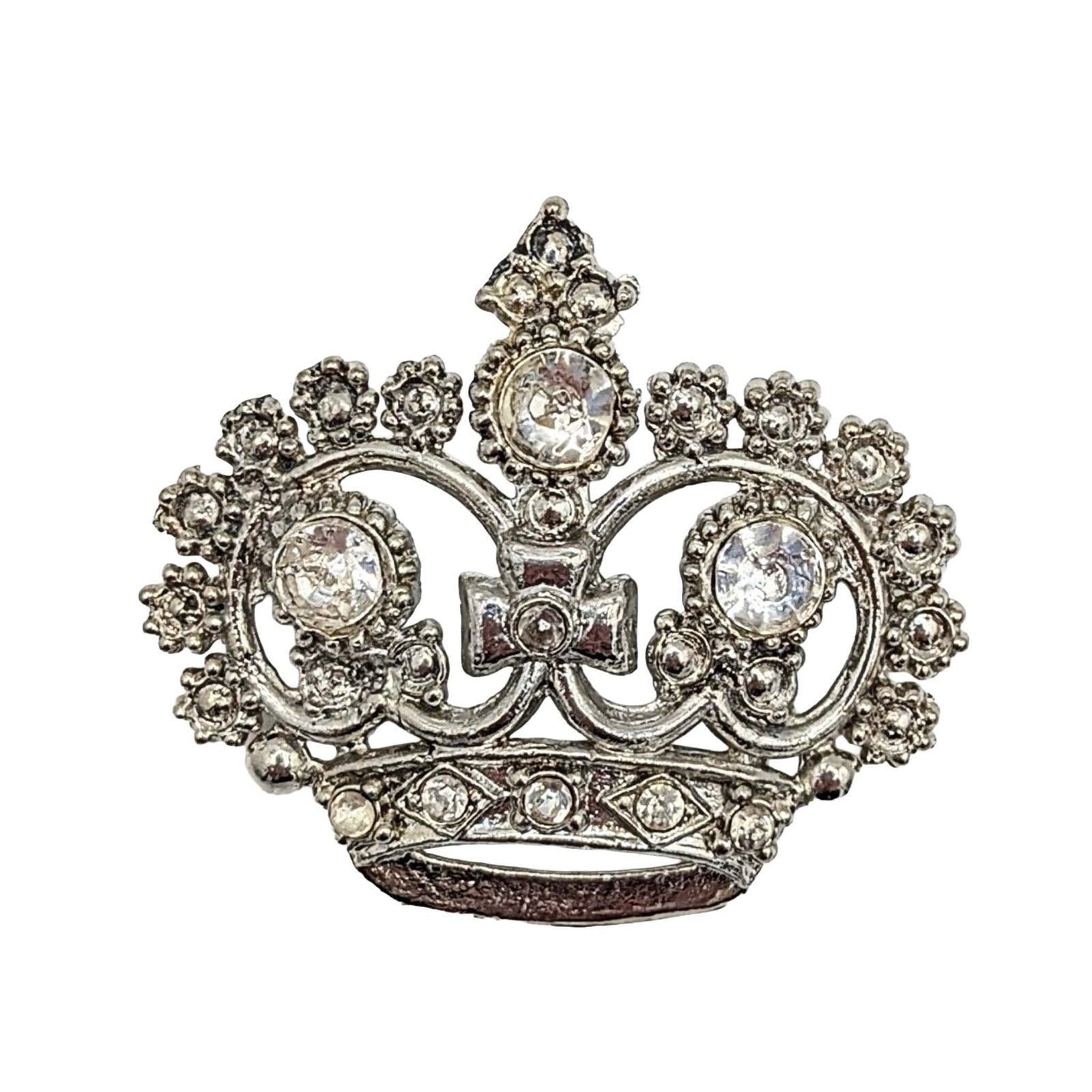 Vintage Silver Tone Metal Rhinestone Crown Pendant: Vintage Silver Tone Metal, Rhinestone Costume Crown Pendant. Unsigned. 12.1g