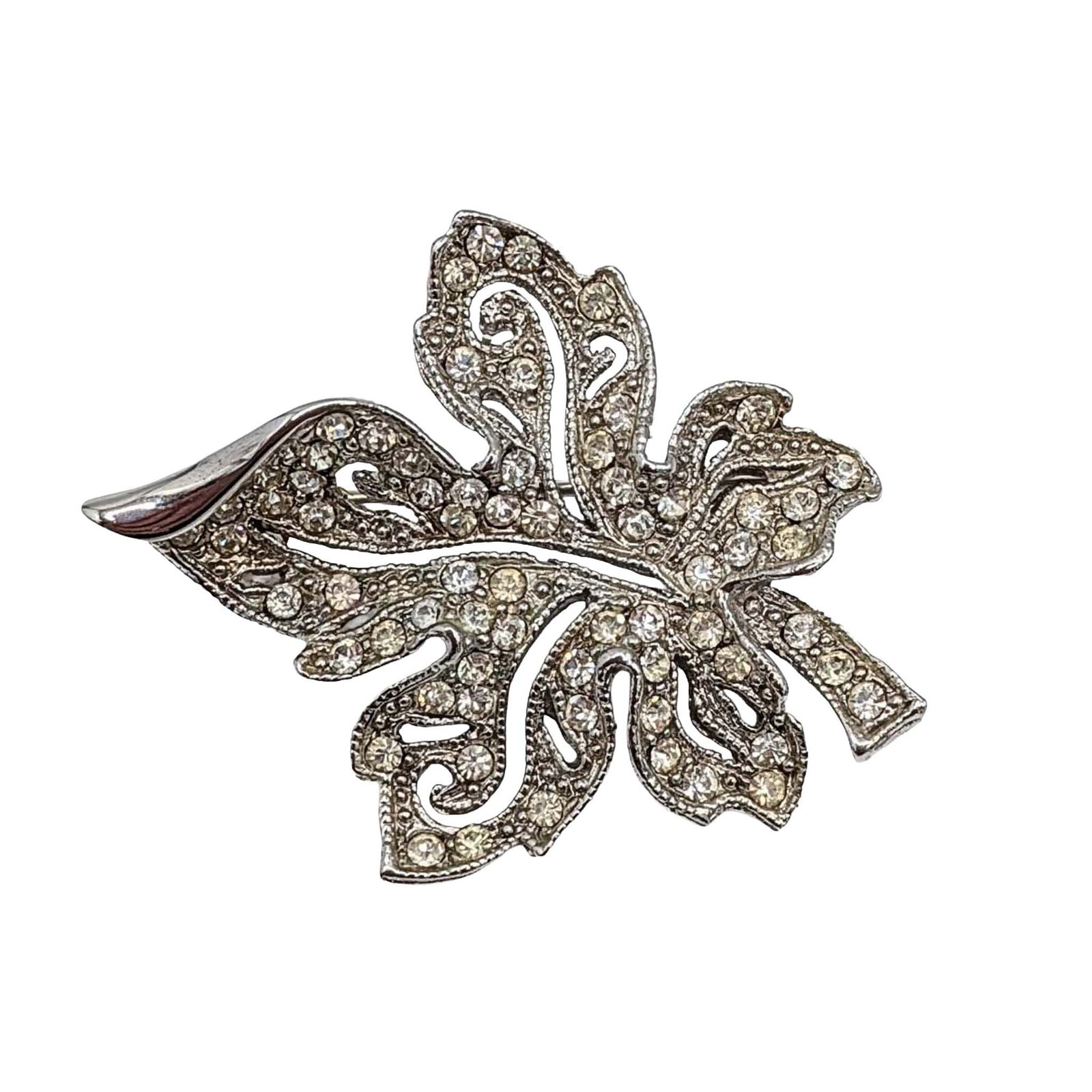 Hedy Silver Tone Metal Rhinestone Leaf Swirl Brooch: Hedy Silver Tone Metal, Rhinestone Leaf Swirl Brooch. Signed Hedy. 8.9g