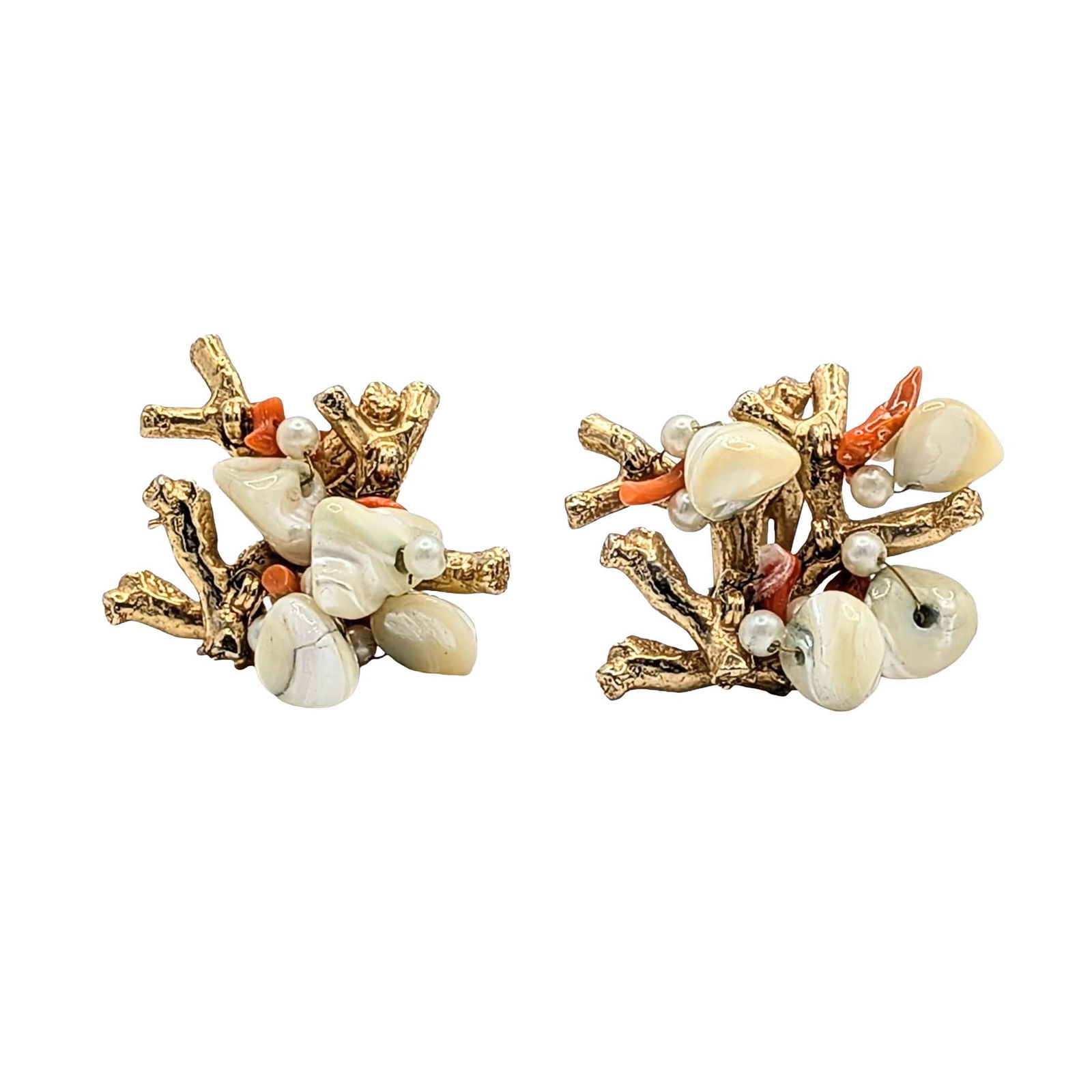 Vintage Gold Tone Metal Coral Pearl Mother of Pearl Cluster Clip Earrings: Vintage Gold Tone Metal, Coral, Pearl, Mother of Pearl Cluster Coral Branch Clip Back Earrings. Unsigned. 31.2g