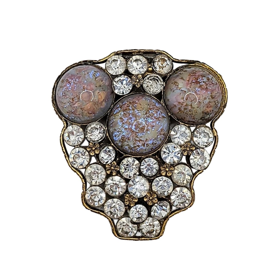 Sterling Button Co NY Gold Metal Rhinestone Dress Clip: Sterling Button Co NY 1920's Gold Tone Metal, Rhinestone, Glass Cabochon Large Floral Dress Clip. Signed Sterling Button Co NY.47.1g