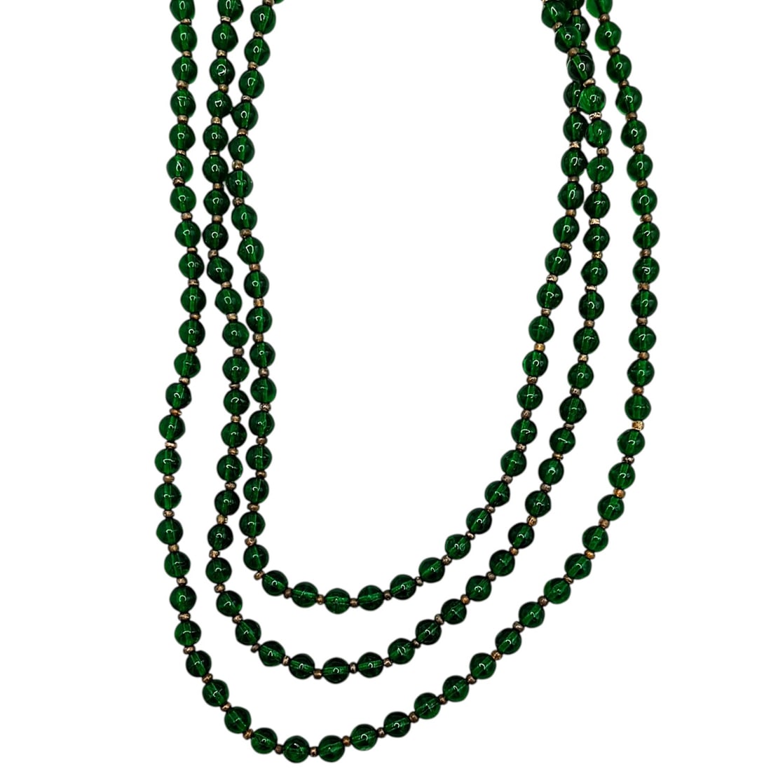 1920's Gold Tone Metal Glass Beaded Flapper Necklace: 1920's Gold Tone Metal, Leaded Glass Beaded Flapper Necklace. Unsigned. 60.2g