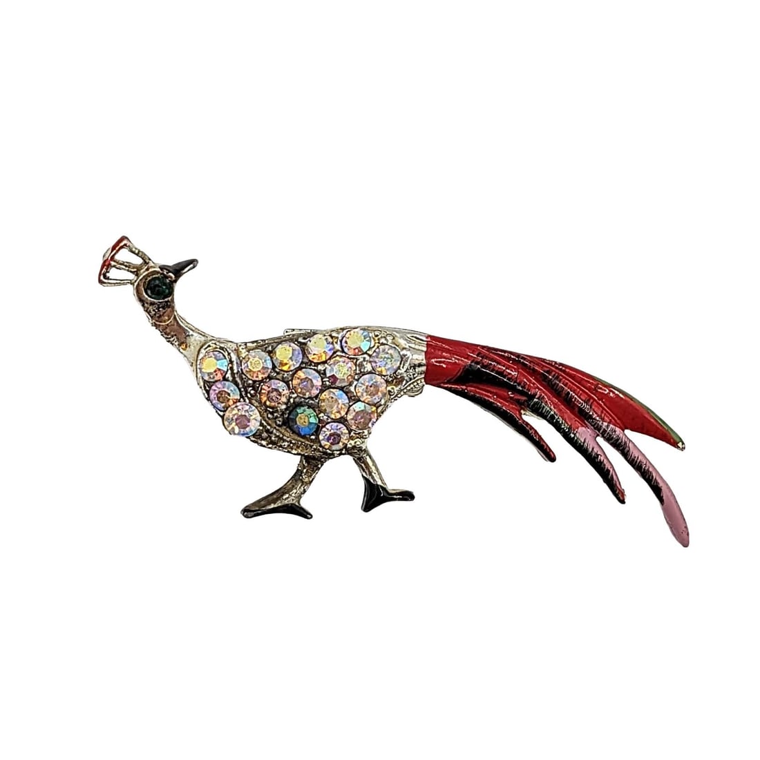 Vintage Gold Tone Metal Rhinestone Enamel Pheasant Brooch: Vintage Gold Tone Metal, Rhinestone, Enamel Pheasant Brooch. Unsigned. 6.4g