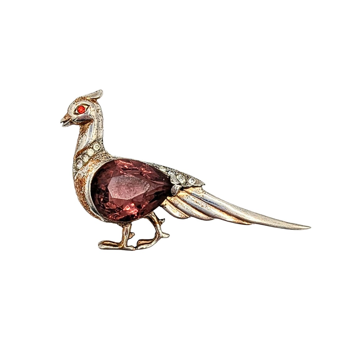 Reja Vermeil Sterling Violet Pheasant Brooch: Reja Vermeil Sterling Silver, Rhinestone Pheasant Brooch. Signed Reja Sterling. AS IS: Broken pin back. 9.5g