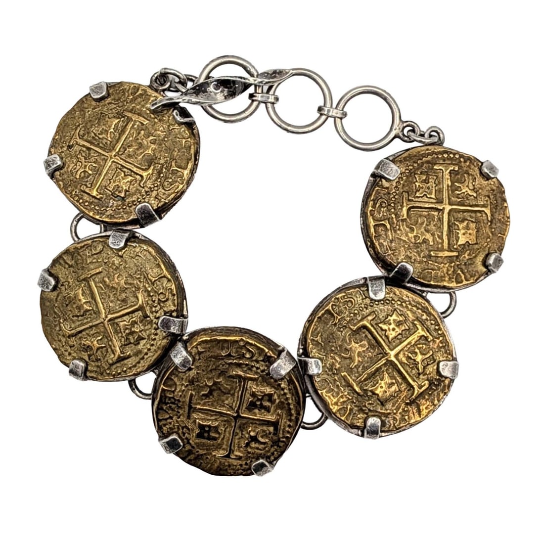 Obsidian Sterling Silver Brass Roman Coin Toggle Bracelet: Obsidian Sterling Silver, Brass Roman Coin Toggle Bracelet. 9-10in Length. Signed Obsidian Sterling. 81.6g