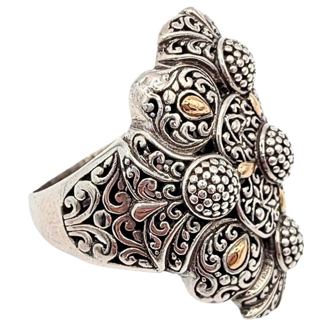 Sarda 18KT Gold Sterling Silver Bali Scroll Cut Ring: Sarda 18KT Yellow Gold, Sterling Silver Scroll Cut Bali Style Ring. Size: 9.5 Signed Sarba 18KT 925. 13.9g