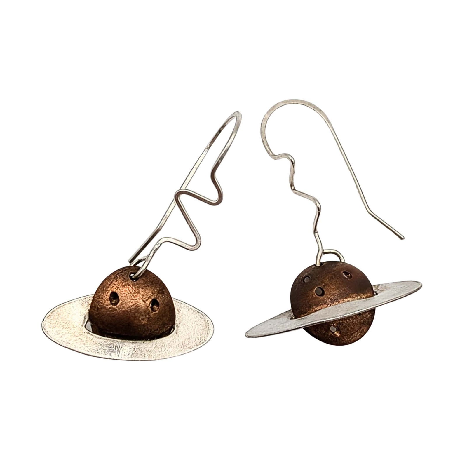 Handmade Sterling Silver Copper Planet Dangle Earrings: Handmade Sterling Silver, Copper Dangle Planet Earrings. 3.8g