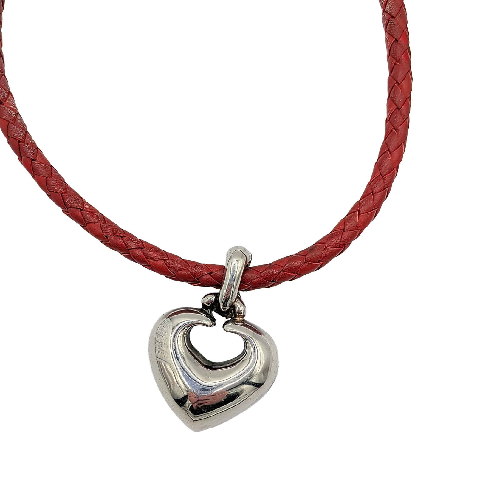 Espo Sterling Silver Leather Heart Pendant Necklace: Espo Sterling Silver, Red Woven Leather Cord Heart Pendant Necklace. 17-19in Length (Adjustable) Signed 925 Espo Sterling. 29.7g