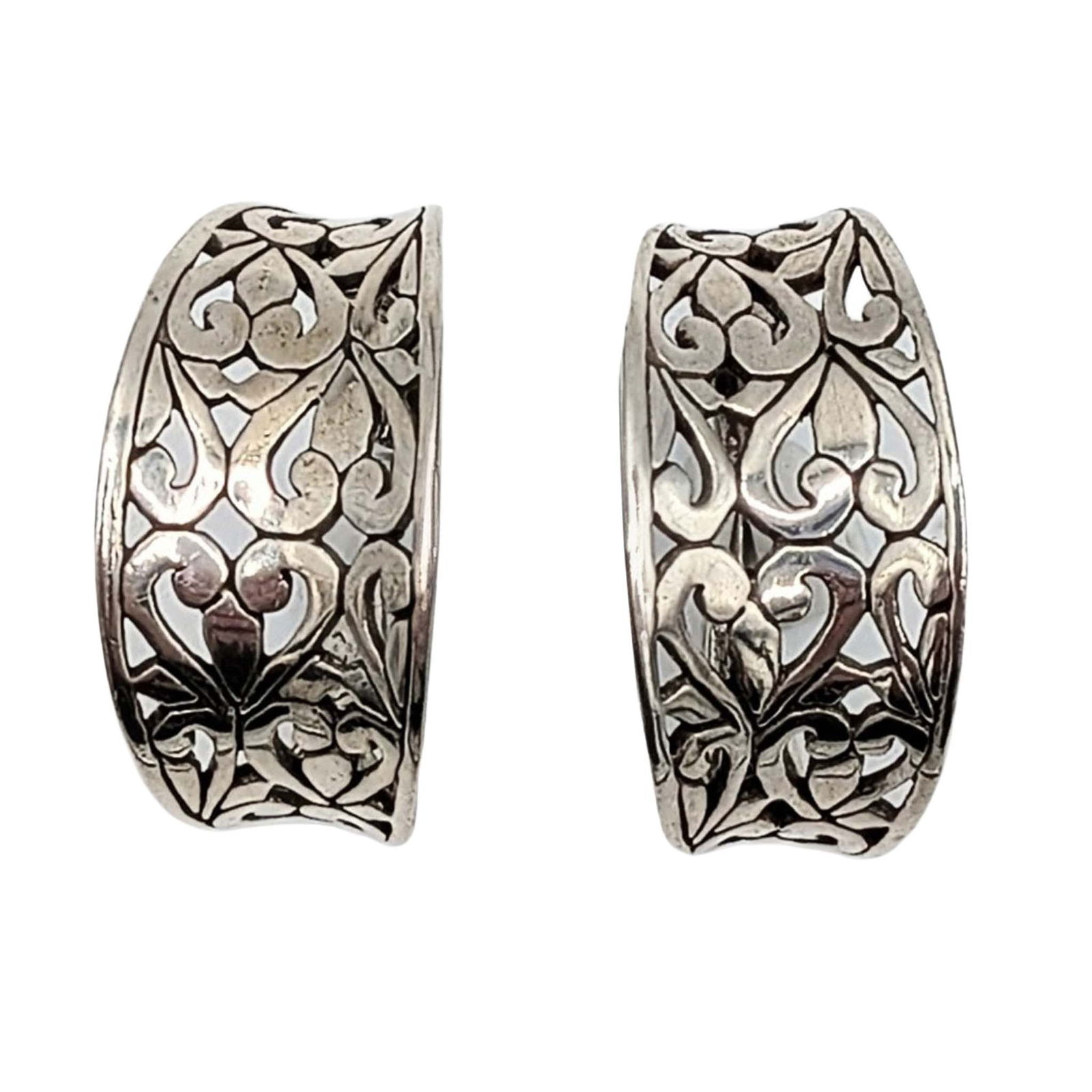 Firenze Sterling Silver Scroll Cut Hoop Earrings: Firenze Sterling Silver Scroll Cut Hoop Earrings. Signed Firenze 925. 10.3g