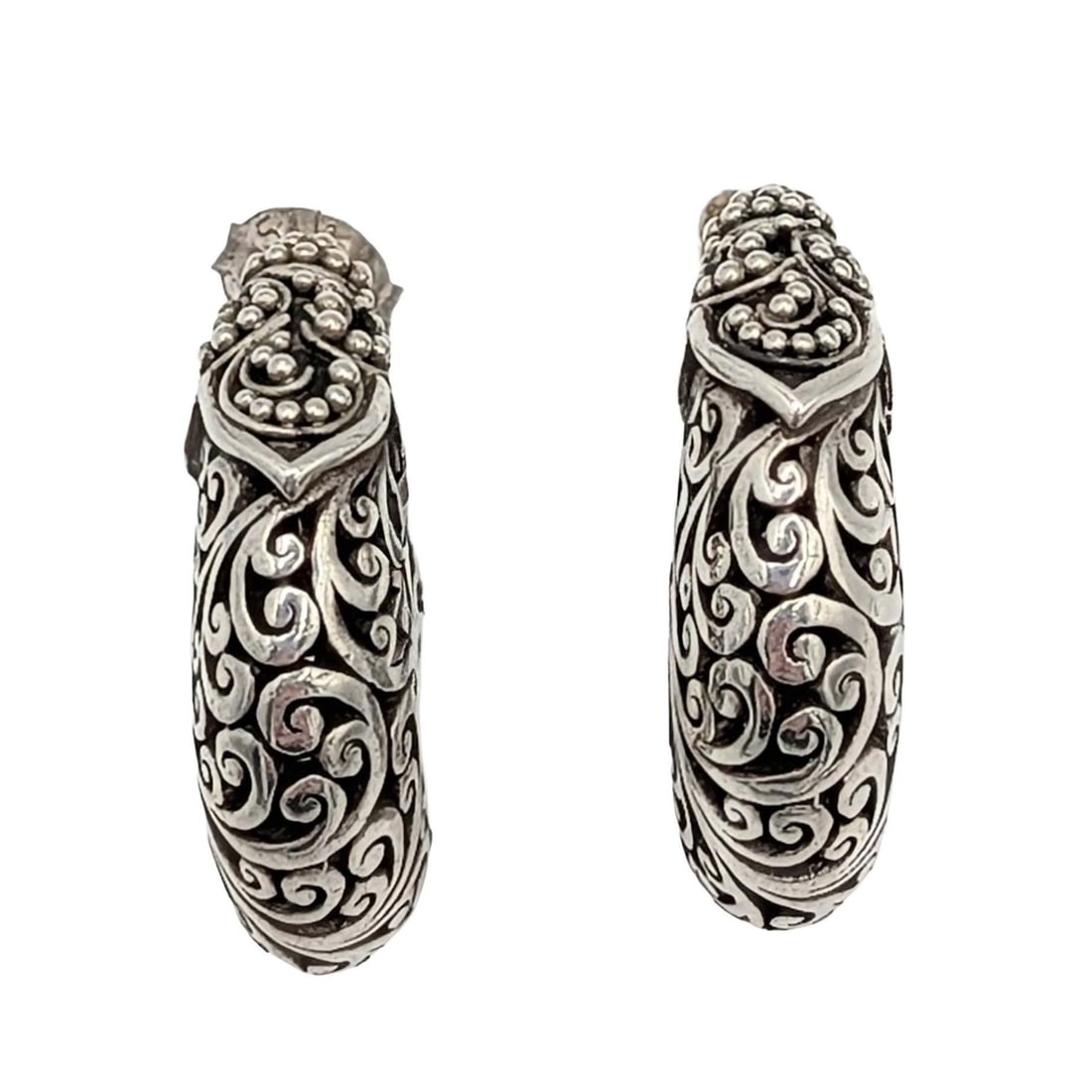 Signed Sterling Silver Scroll Cut Stud Hoop Earrings: Signed Sterling Silver Scroll Cut, Granulated Stud Hoop Earrings. Signed JLH 925 ID