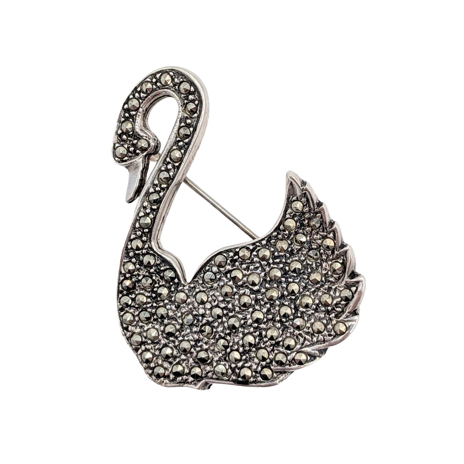 Signed Sterling Silver Marcasite Pave Set Swan Brooch: Signed Sterling Silver, Marcasite Pave Set Swan Brooch. Signed A 925. 11g