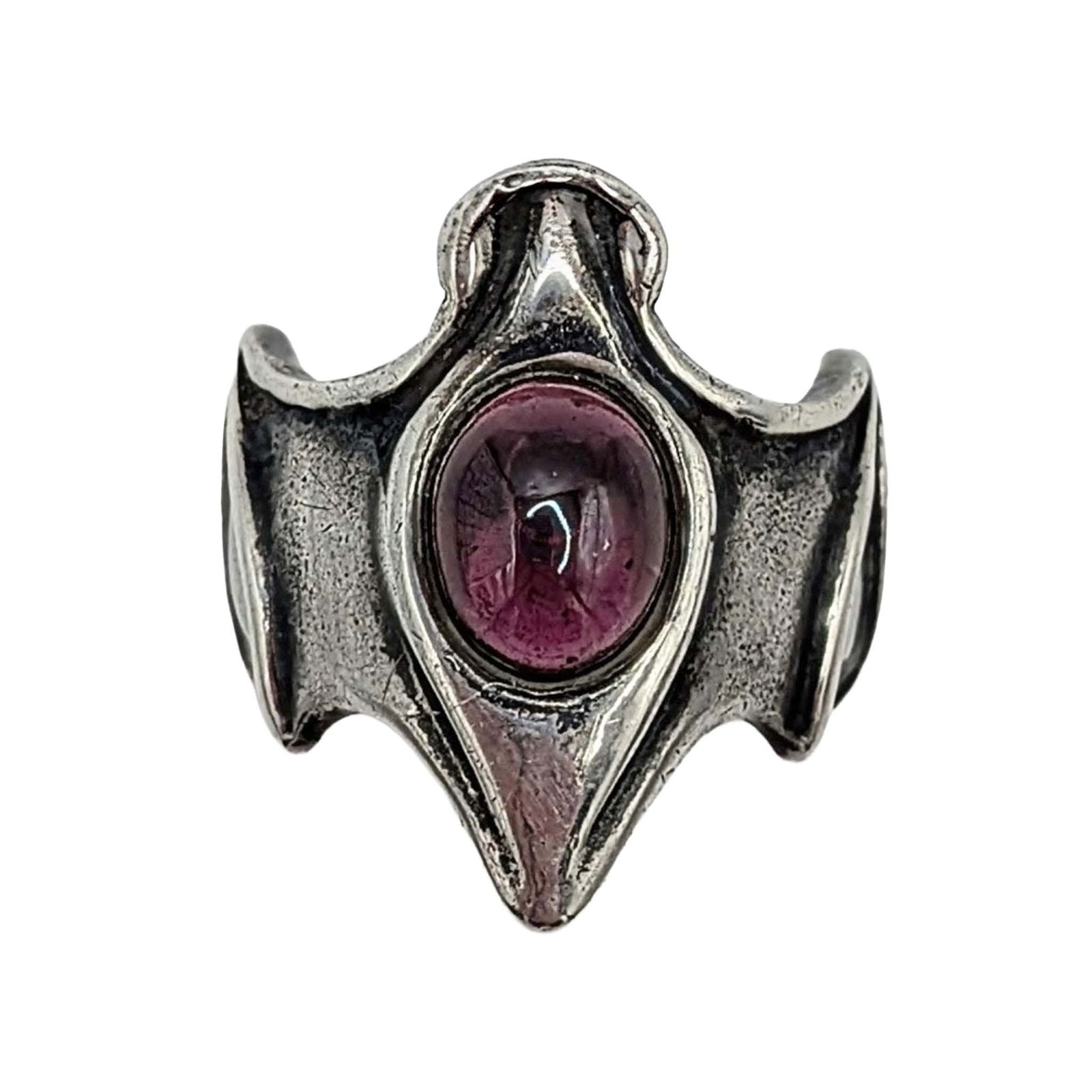 Signed Sterling Silver Garnet Bat Ring: Signed Sterling Silver Garnet Bat Ring. Size 8.5. Signed M (with a halo) 925. 13.3g