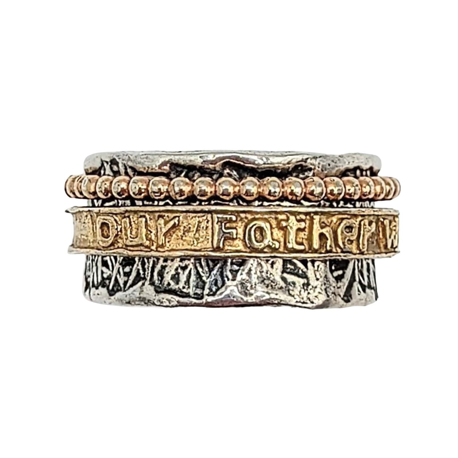Signed Israeli Gold Over Sterling Double Spinner Ring: Signed Israeli Rose/Yellow Gold Over Sterling Silver Our Father Prayer Double Spinner Ring. Size 10.25. Signed with Hebrew letters Israel 925. 11.3g