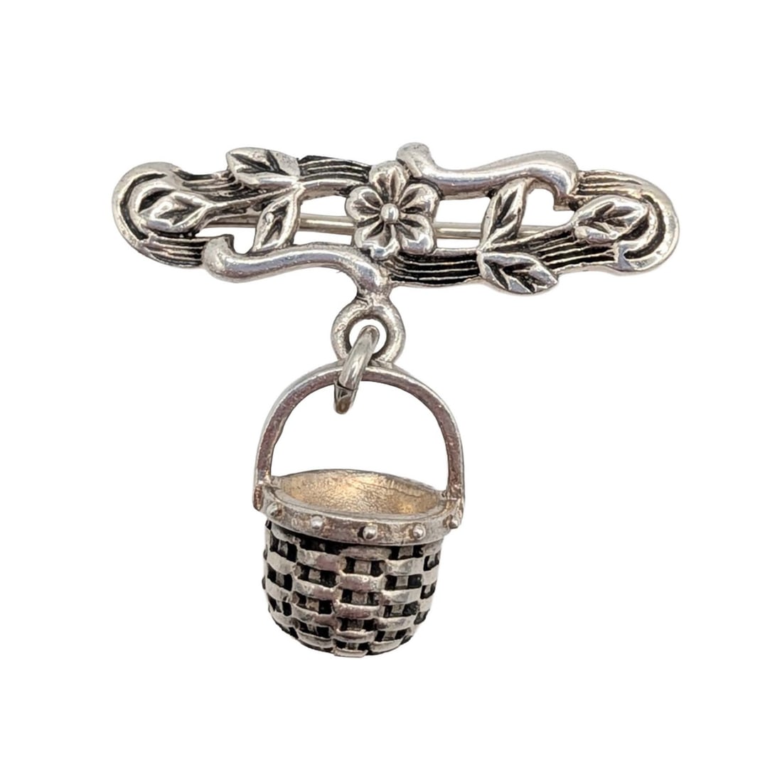Signed Vintage Sterling Silver Basket Dangle Brooch: Signed Vintage Sterling Silver Basket Dangle Floral Vine Brooch. Signed Sterling BCP. 4.1g