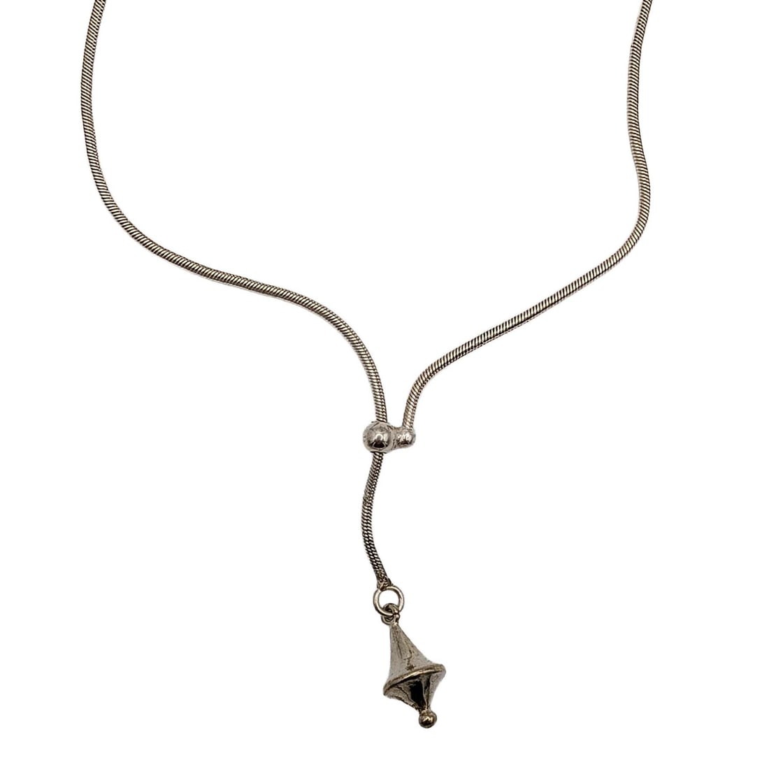 Italian Sterling Silver 2mm Sliding Lariat Pendulum Necklace: Italian Sterling Silver 2mm Snake Chain Sliding Lariat Pendulum Necklace. 20in Length. Signed 925 Italy. 12.6g