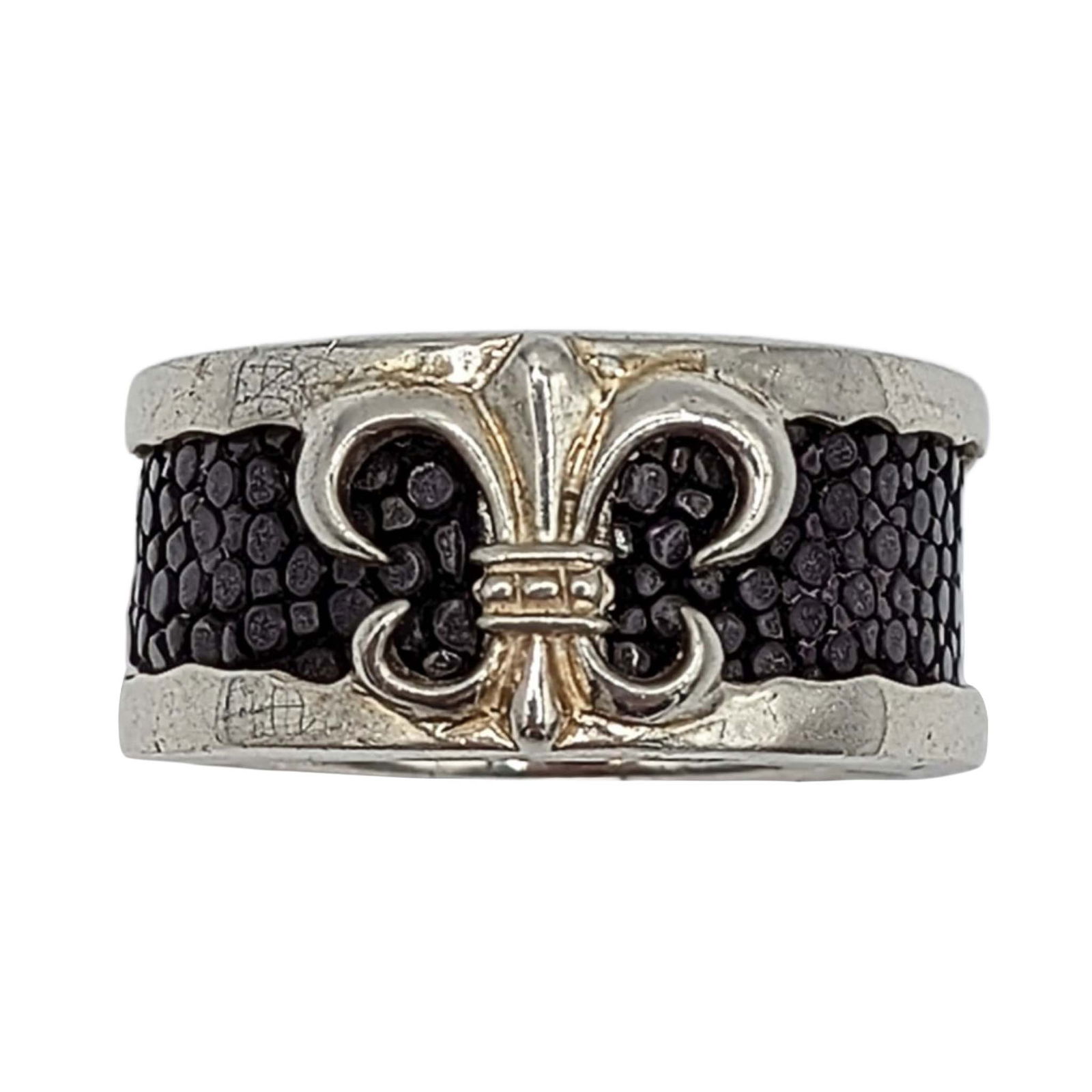 Sterling Silver Leather Inlay Fleur De Lis Ring: Sterling Silver, Leather Inlay Fleur De Lis Detail Wide Band Ring. Size 10. Signed 925. 12.3g