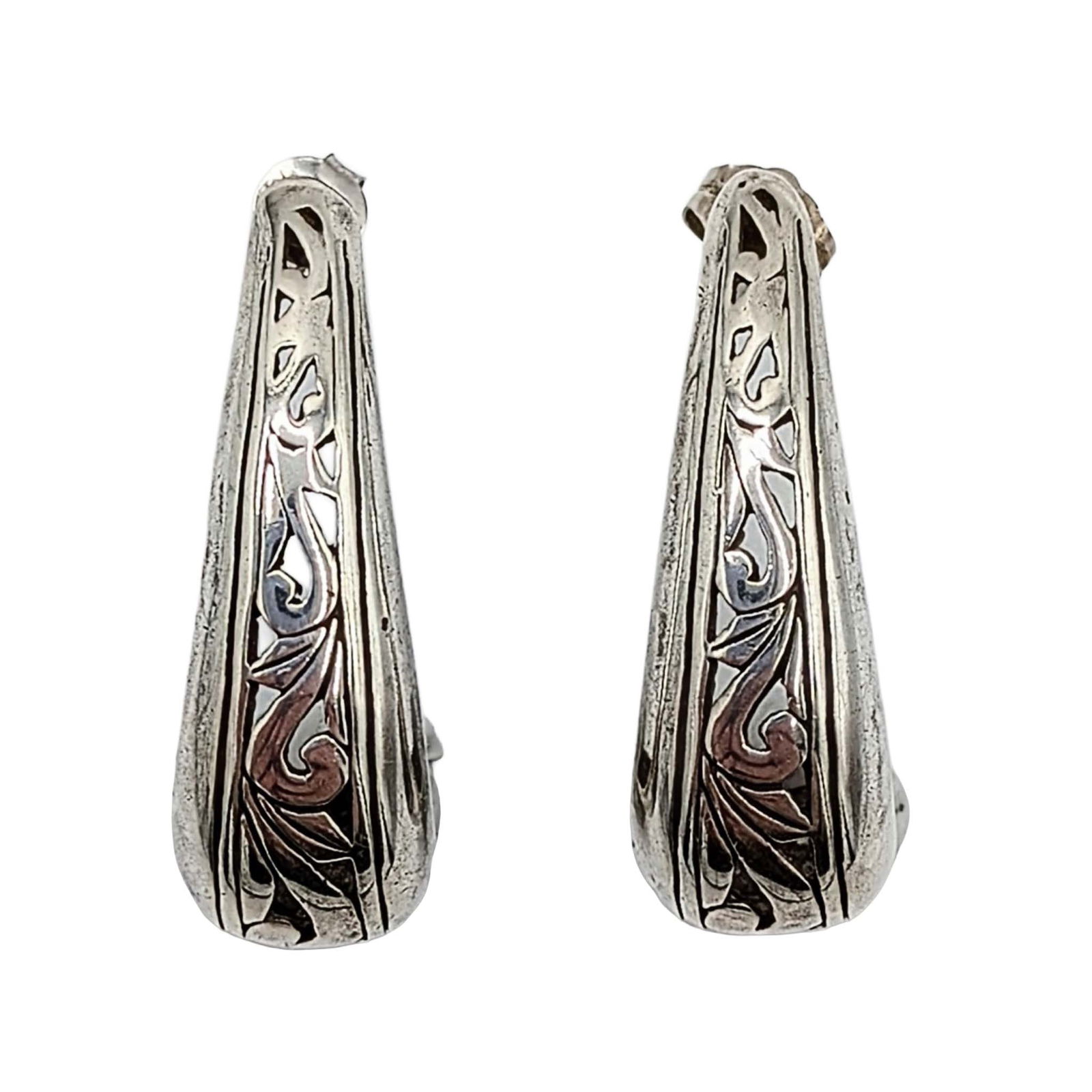 Sterling Silver Scroll Cut Long Cuff Stud Earrings: Sterling Silver Scroll Cut Long Cuff Stud Earrings. Signed Sterling. 6.3g