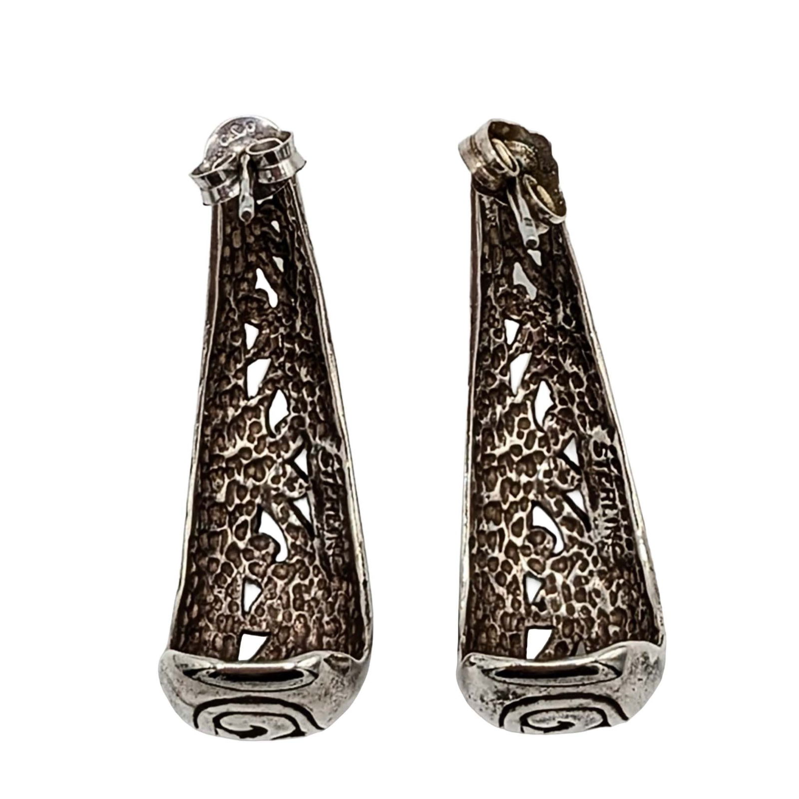 Sterling Silver Scroll Cut Long Cuff Stud Earrings - 3