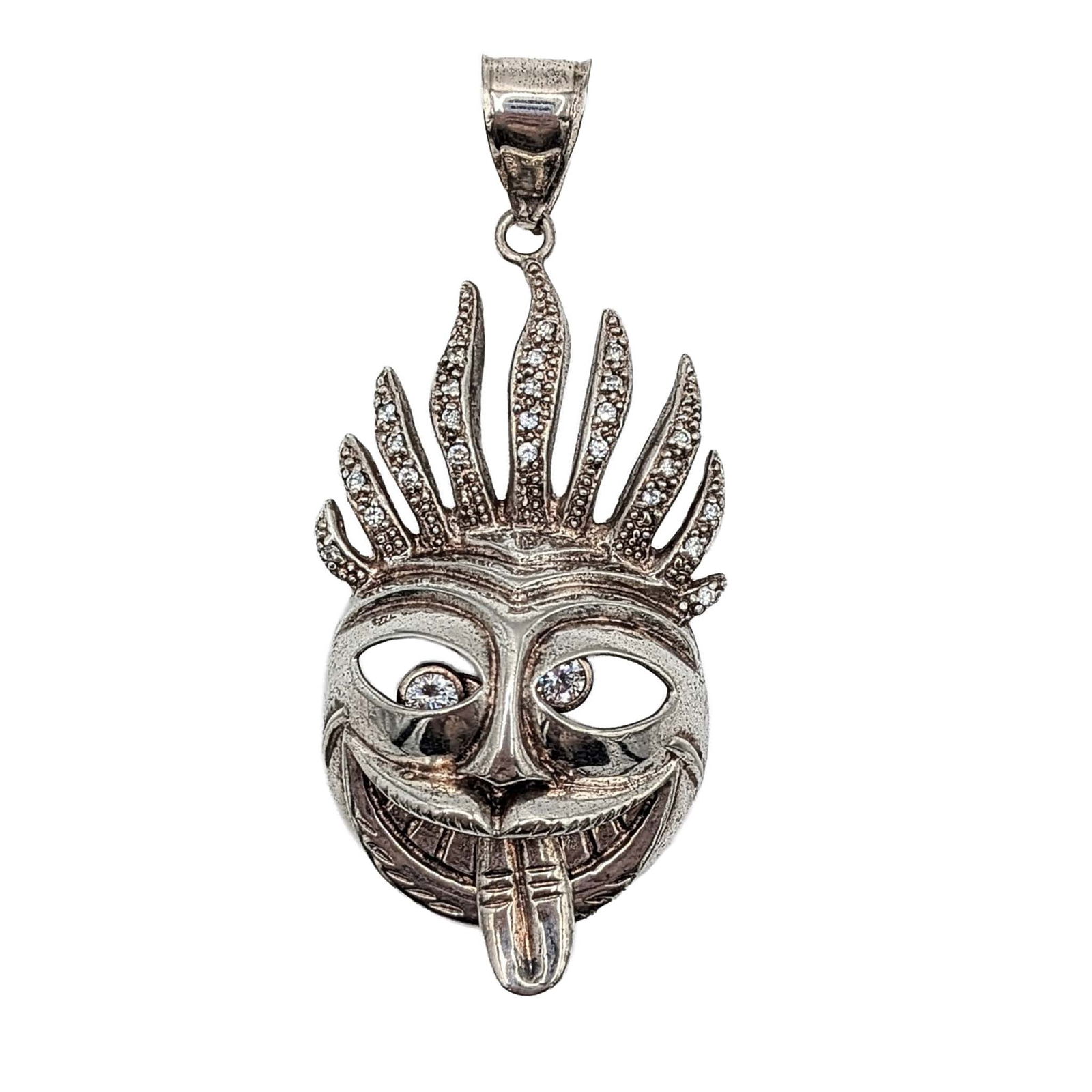 Signed Sterling Silver CZ Moveable Crazy Face Pendant: Signed Sterling Silver, CZ Moveable Eyes/Tongue Crazy Face Pendant. Signed GM 925. 21.8g