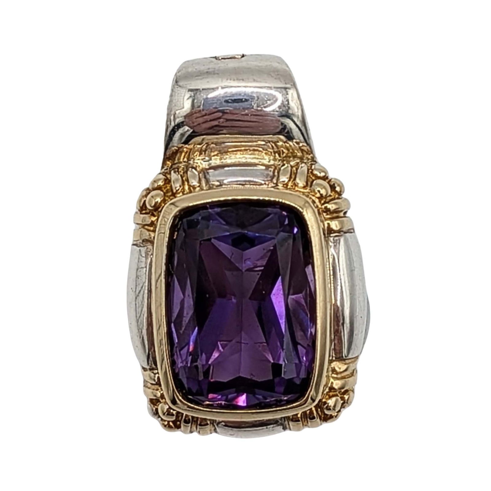Landstrom 18KT Gold Sterling Amethyst Slide Pendant: Landstrom 18KT Yellow Gold, Sterling Silver, Amethyst Slide Pendant with Hinge Clasp. Signed L 18kt 925. 11.2g