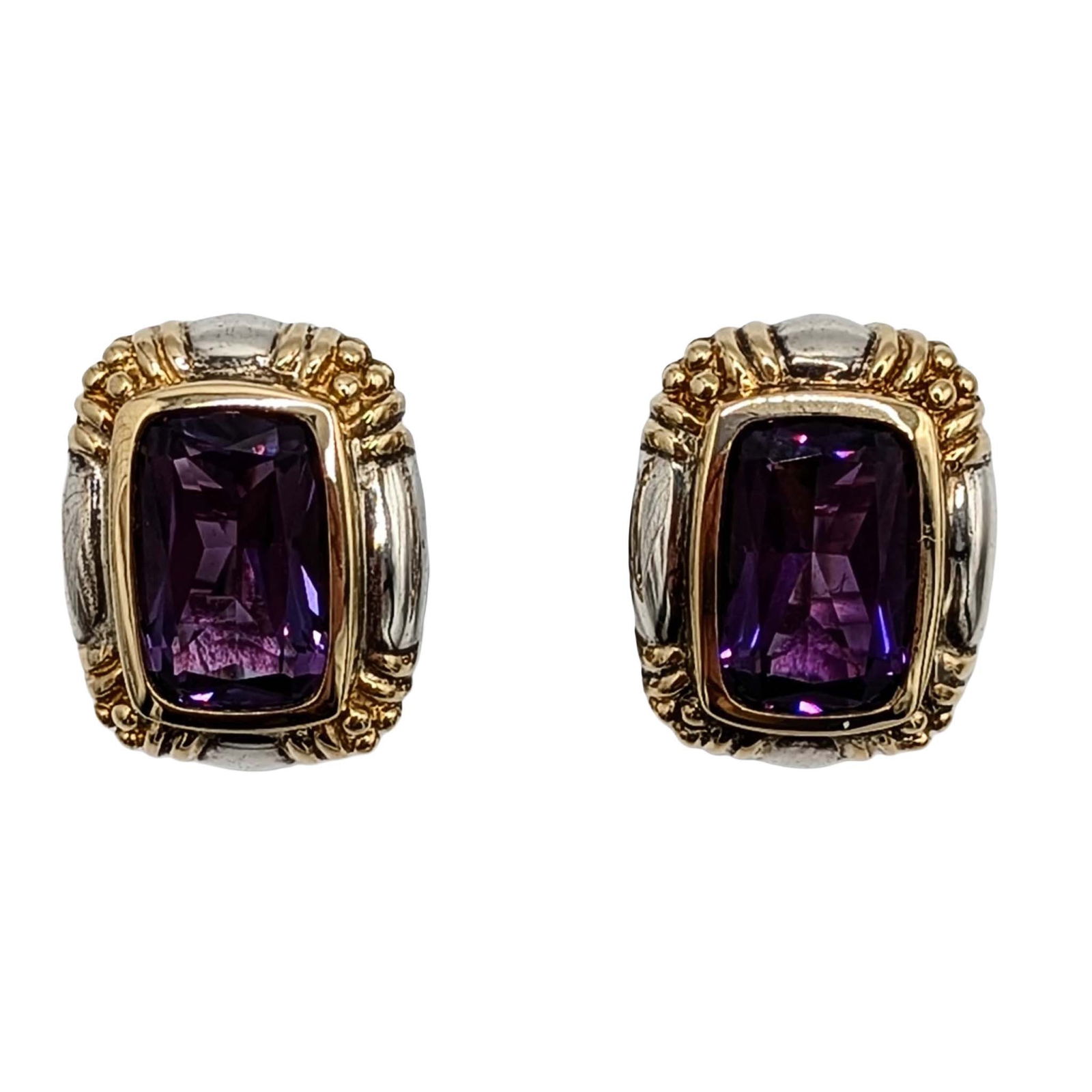 Landstrom 18KT Gold Sterling Amethyst Clip Back Stud Earrings: Landstrom 18KT Yellow Gold, Sterling Silver, Amethyst Clip Back Stud Earrings. Signed L 18kt 925. 14.6g