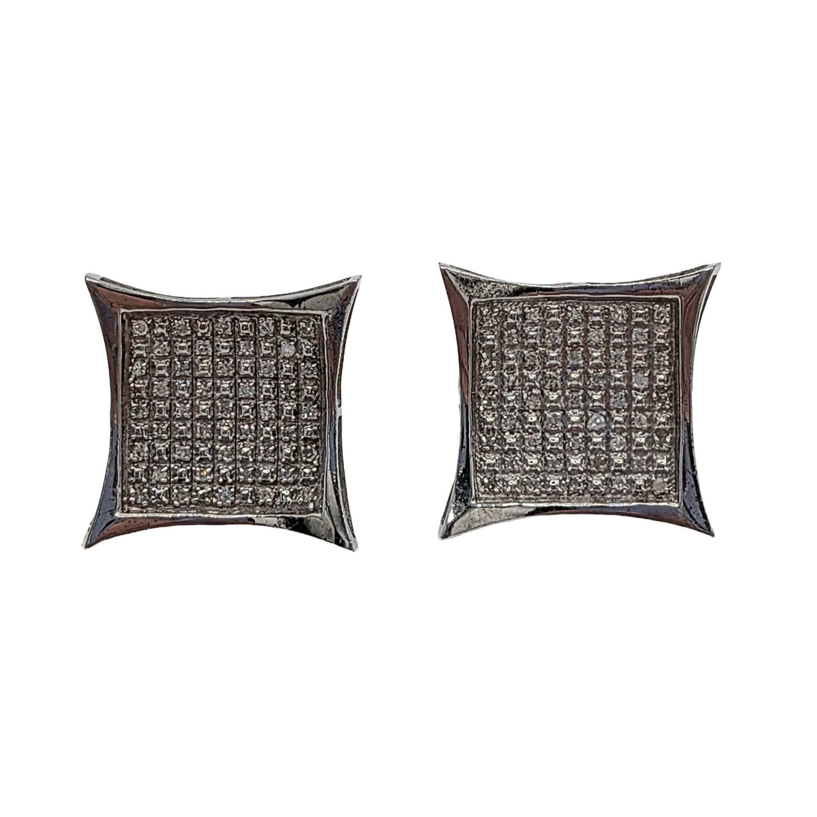 Sterling Silver Diamond Micro Pave Stud Earrings: Sterling Silver, Diamond Micro Pave Set Square Stud Earrings with Screw Backs. 4g