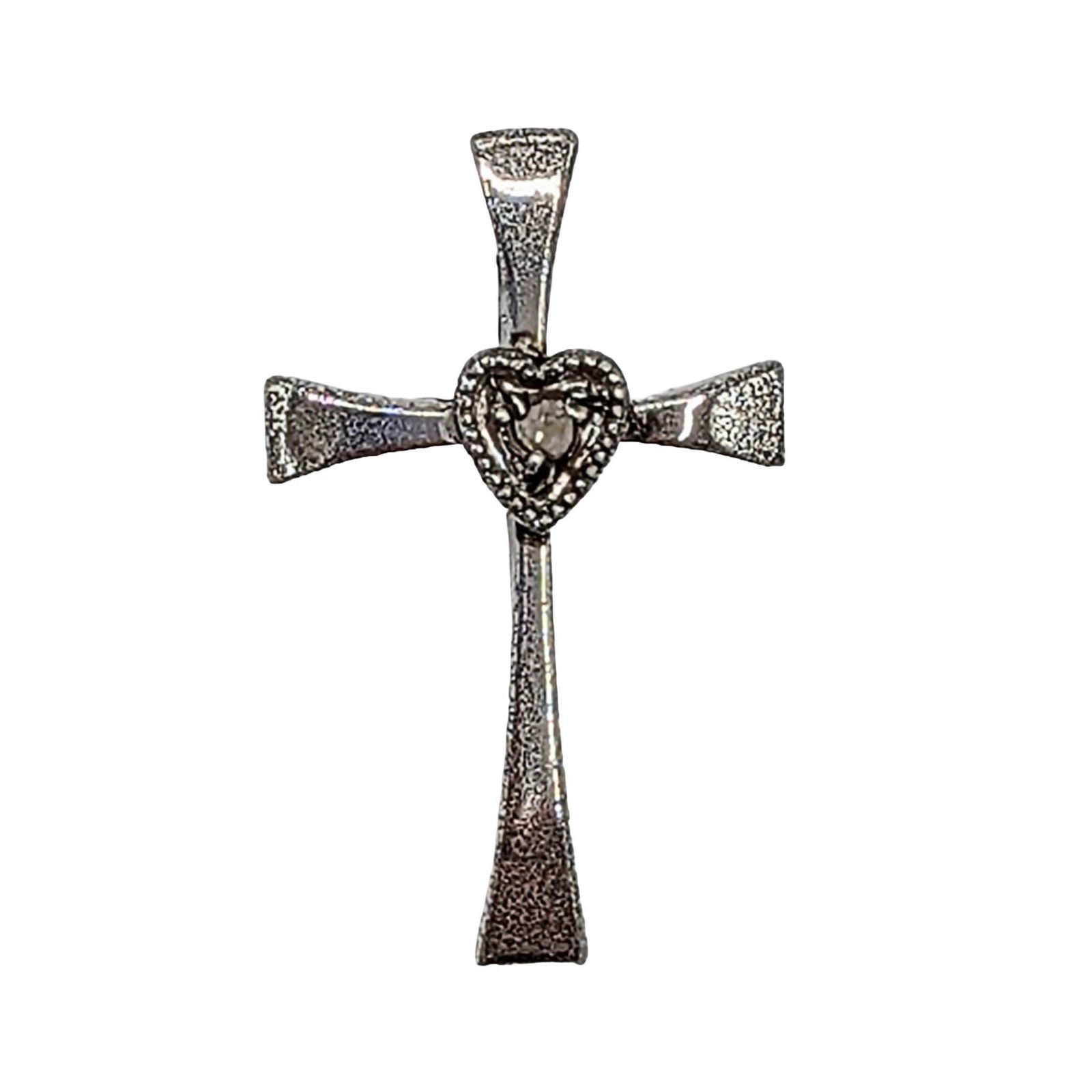 Sterling Silver Diamond Heart Cross Pendant: Sterling Silver, Diamond Heart Detailed Cross Pendant. Unsigned tested. 1g