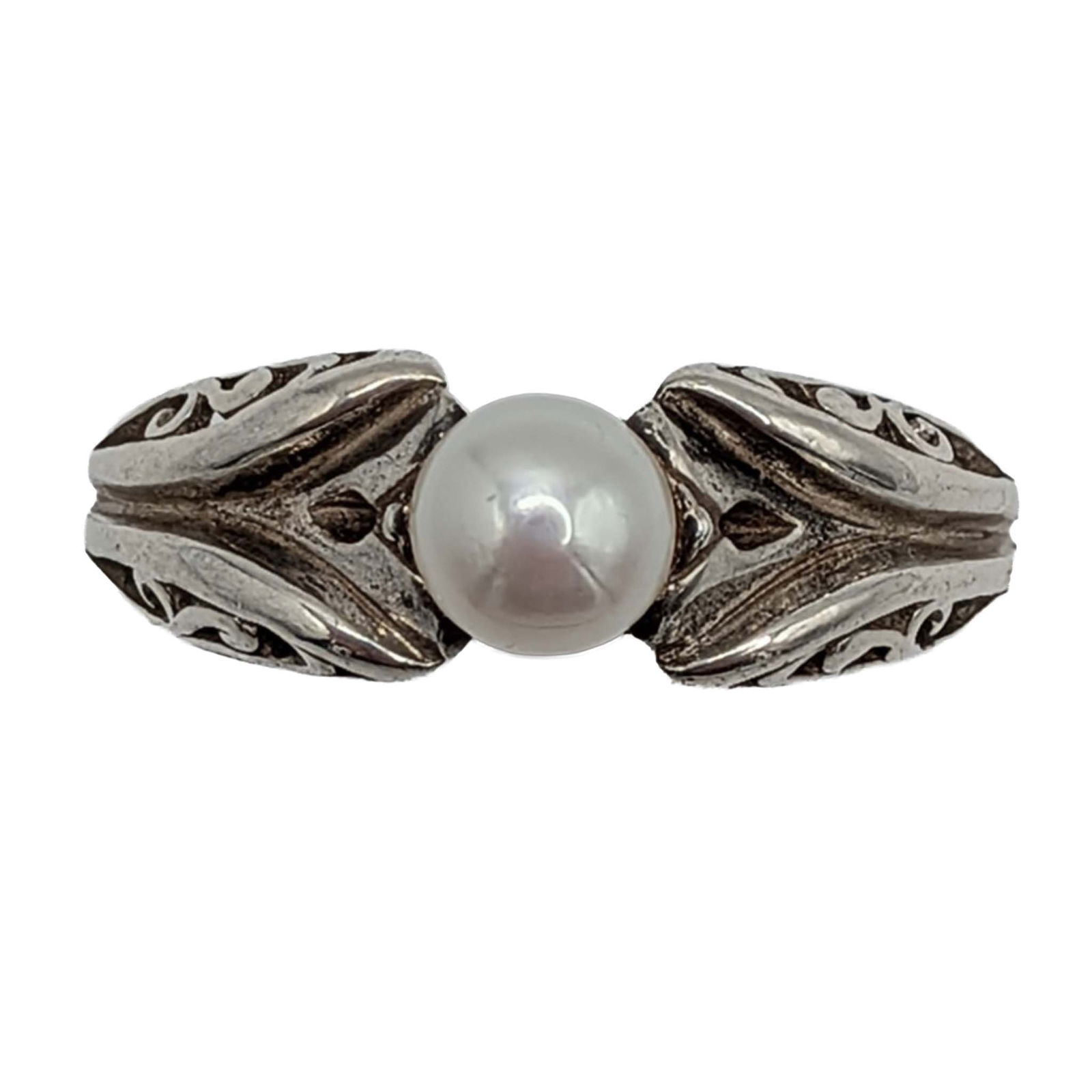 Signed Sterling Silver Pearl Filigree Ring: Signed Sterling Silver, Pearl Filigree Ring. Size 9. Signed dollar sign symbol 925. 3.4g