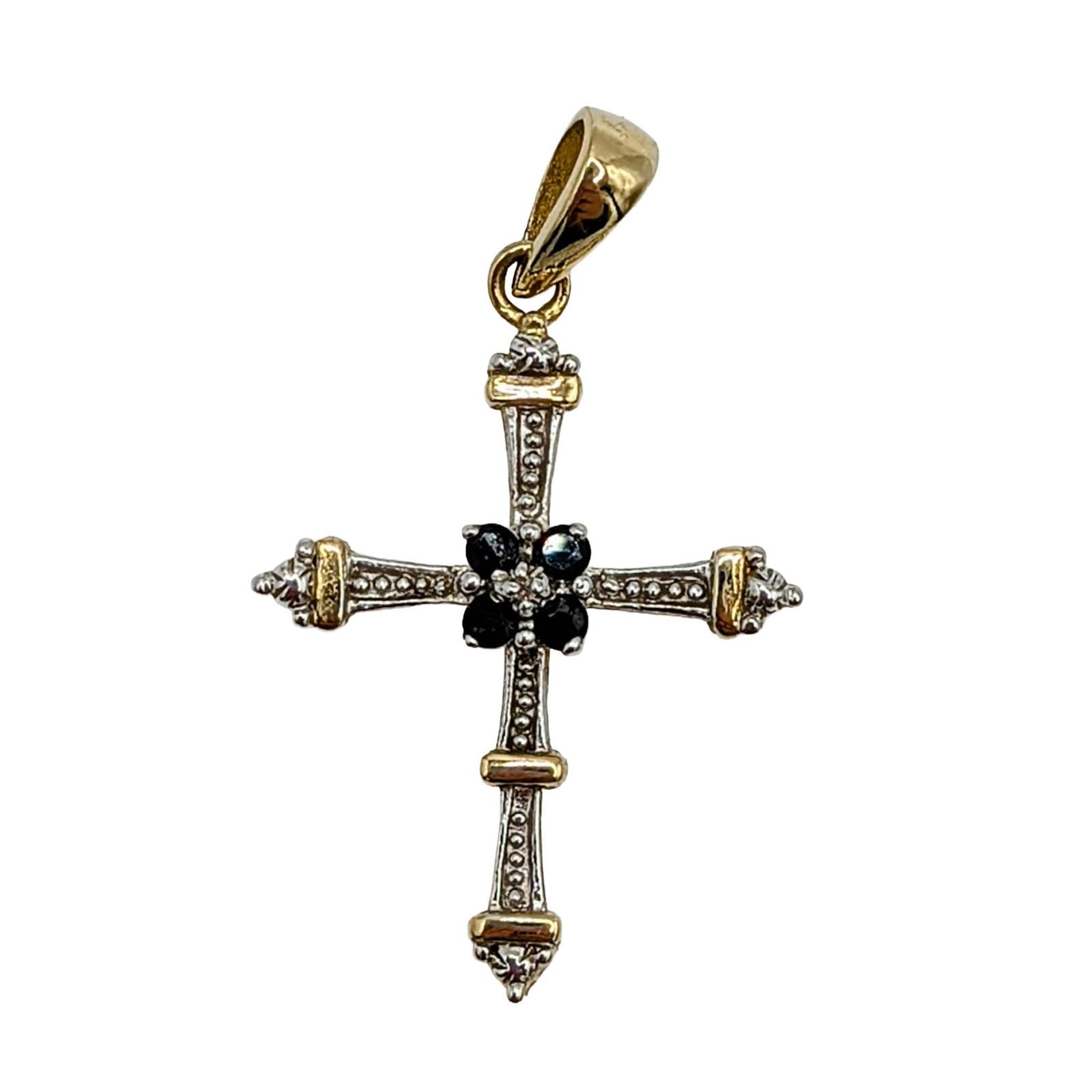 Signed Gold Over Sterling Silver Diamond Sapphire Cross Pendant: Signed Gold Over Sterling Silver, Diamond, Sapphire Cross Pendant. Signed R SETH 925. 1.4g