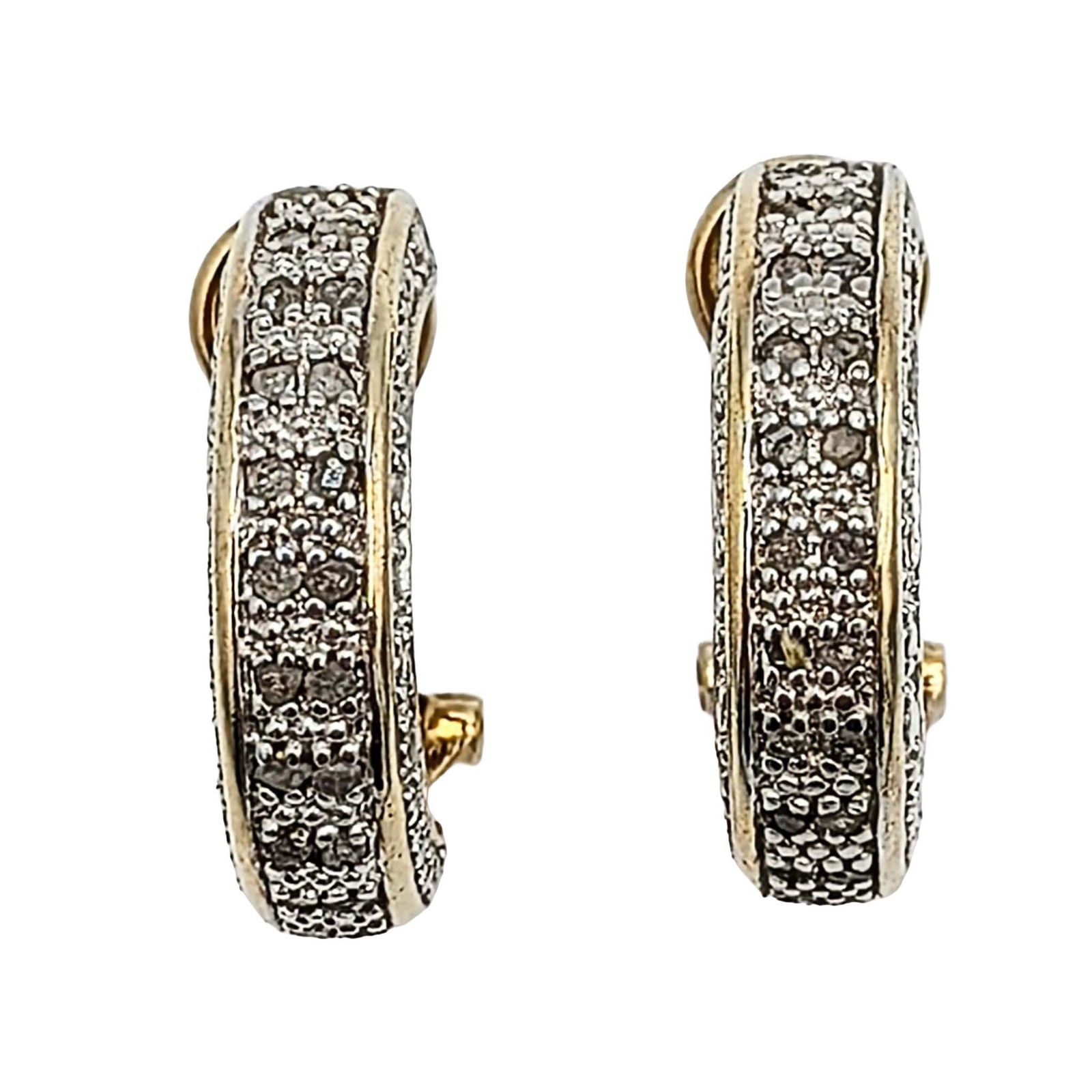 Signed Gold Over Sterling Pave Diamond Hoop Stud Earrings: Signed Gold Over Sterling Silver, Diamond Pave Set Clip Back Half Hoop Earrings. Signed DBJ 925 China. 5.3g