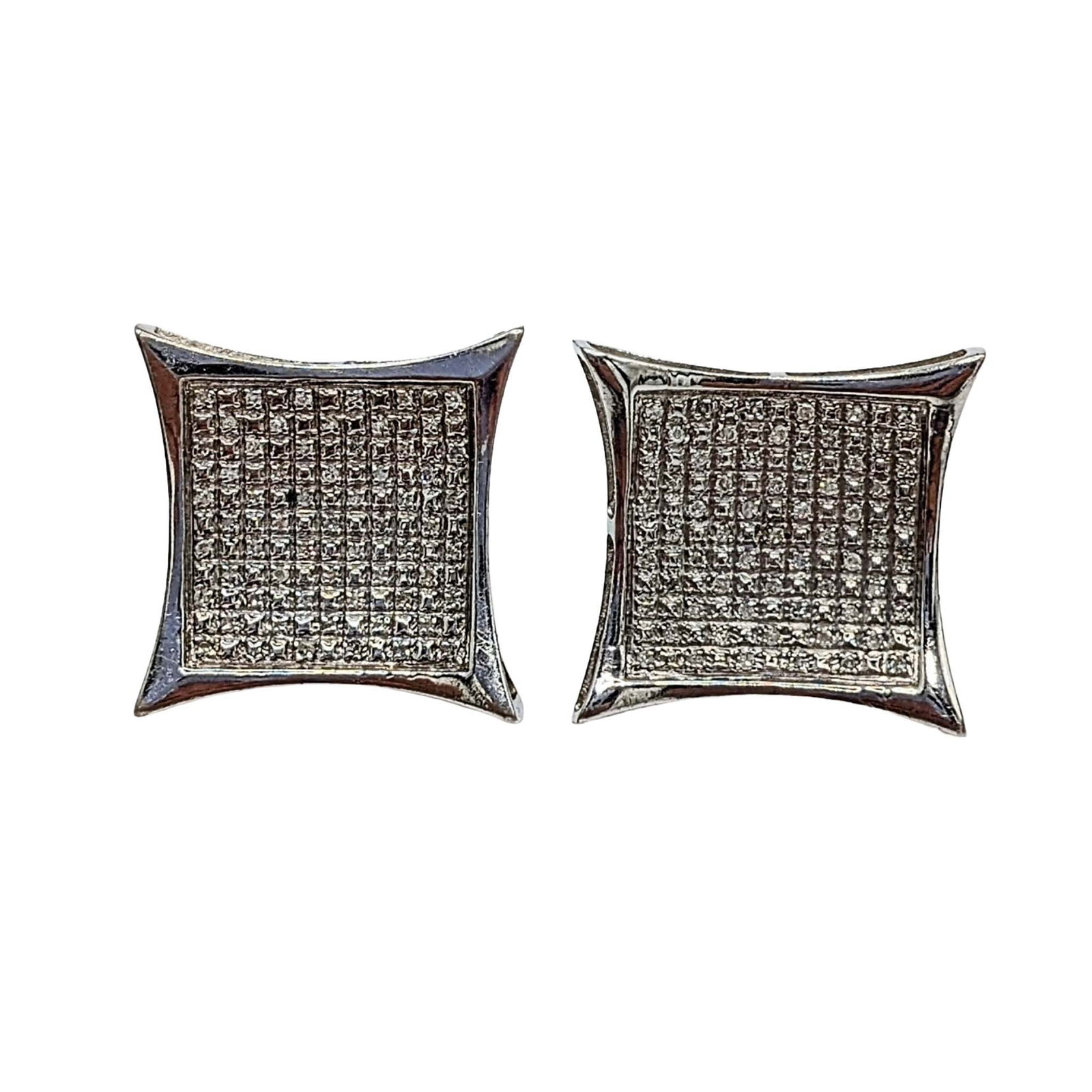 Sterling Silver Diamond Micro Pave Stud Earrings: Sterling Silver, Diamond Micro Pave Set Square Stud Earrings with Screw Backs. 5.3g