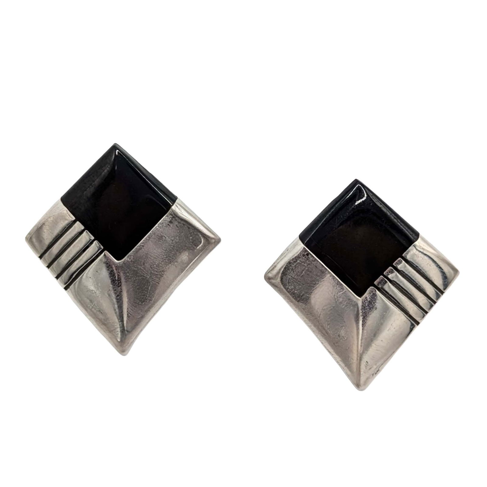 Signed Sterling Silver Resin Deco Shield Stud Earrings: Signed Sterling Silver, Resin Faux Onyx Deco Shield Stud Earrings. Signed AM Sterling. 12.2g
