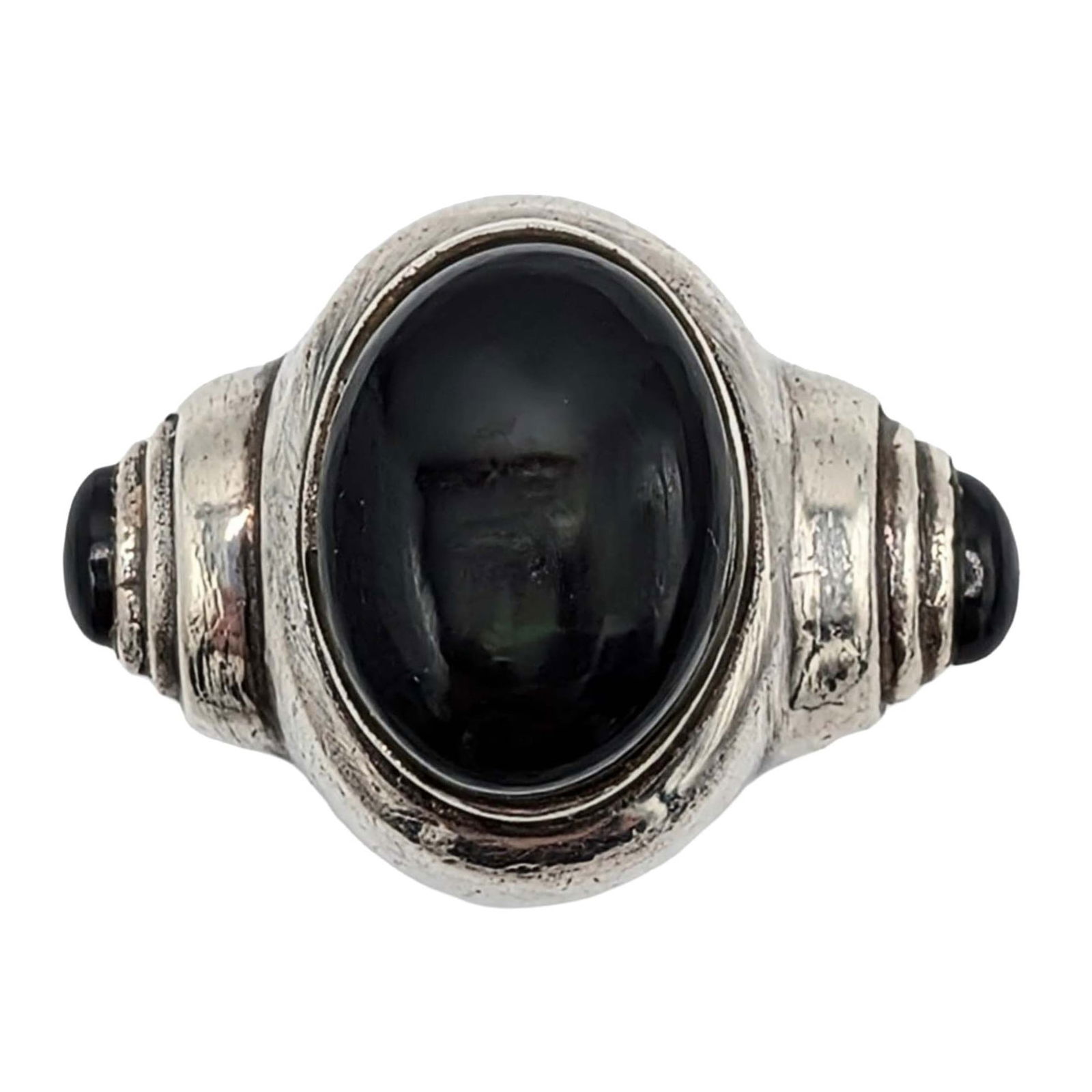 Signed Sterling Silver Onyx 3 Point Ring: Signed Sterling Silver, Onyx 3 Point Stone Ring. Size 8.25. Signed E 925. 10.3g