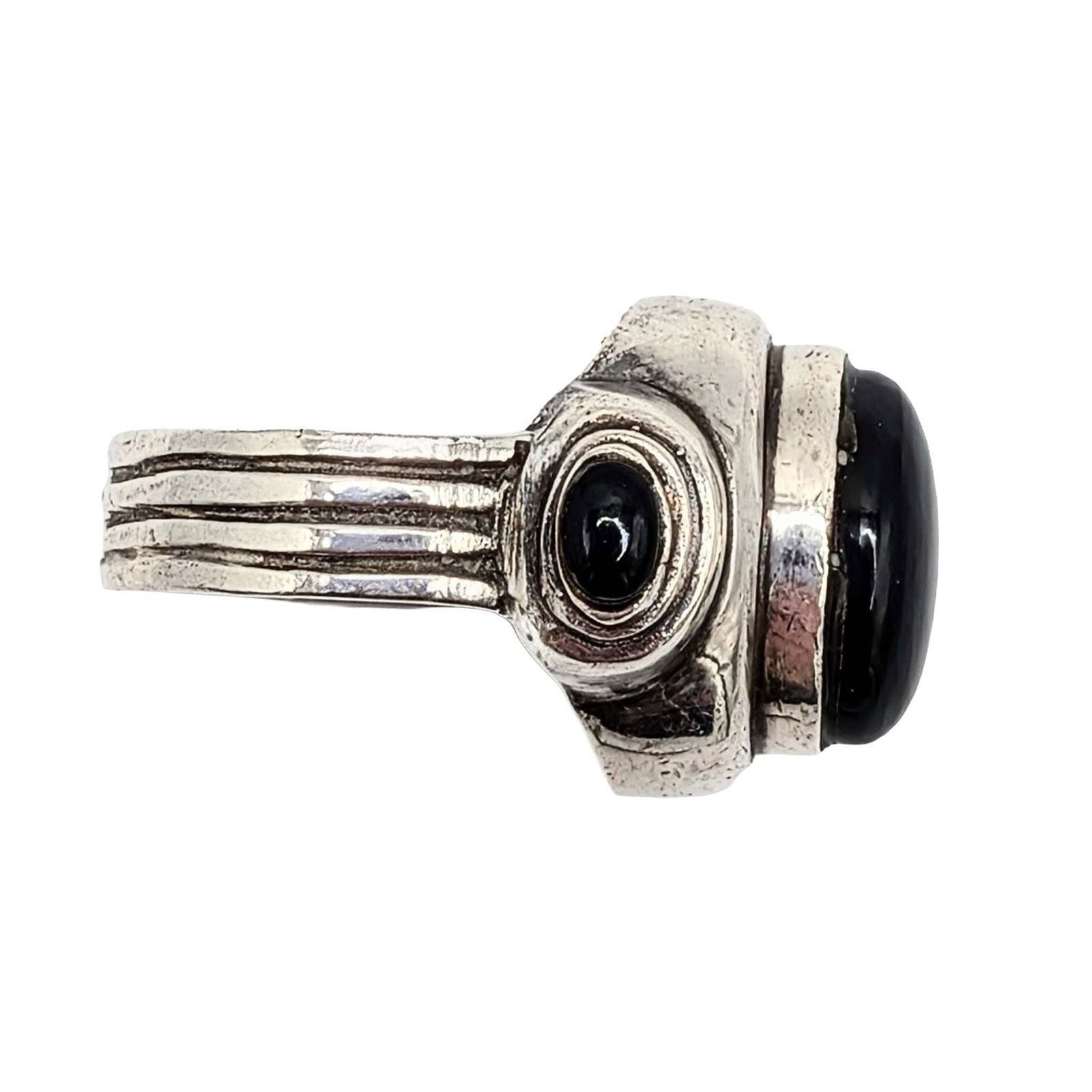 Signed Sterling Silver Onyx 3 Point Ring - 2