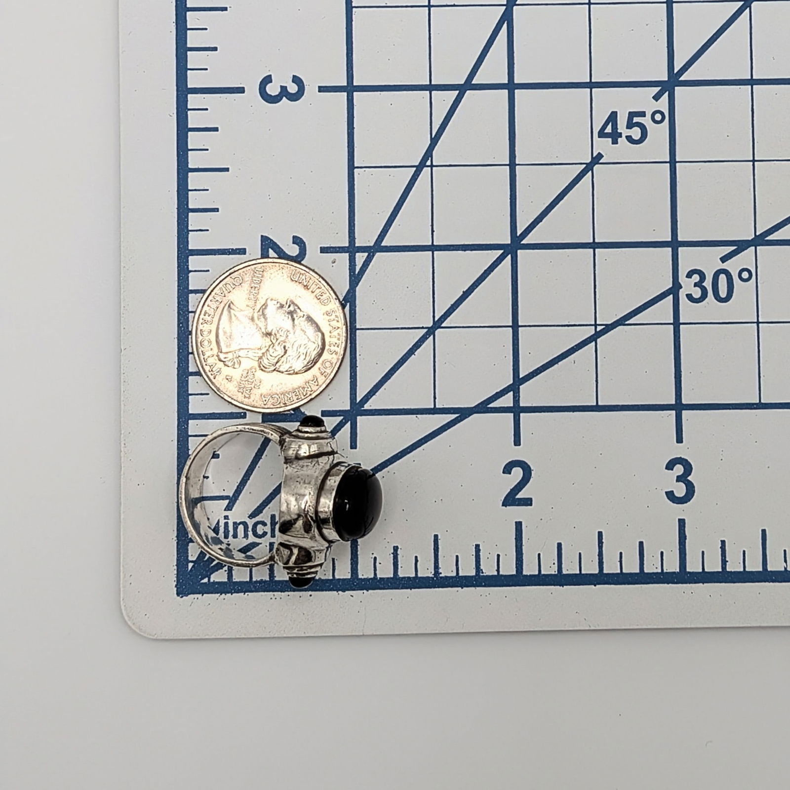 Signed Sterling Silver Onyx 3 Point Ring - 5