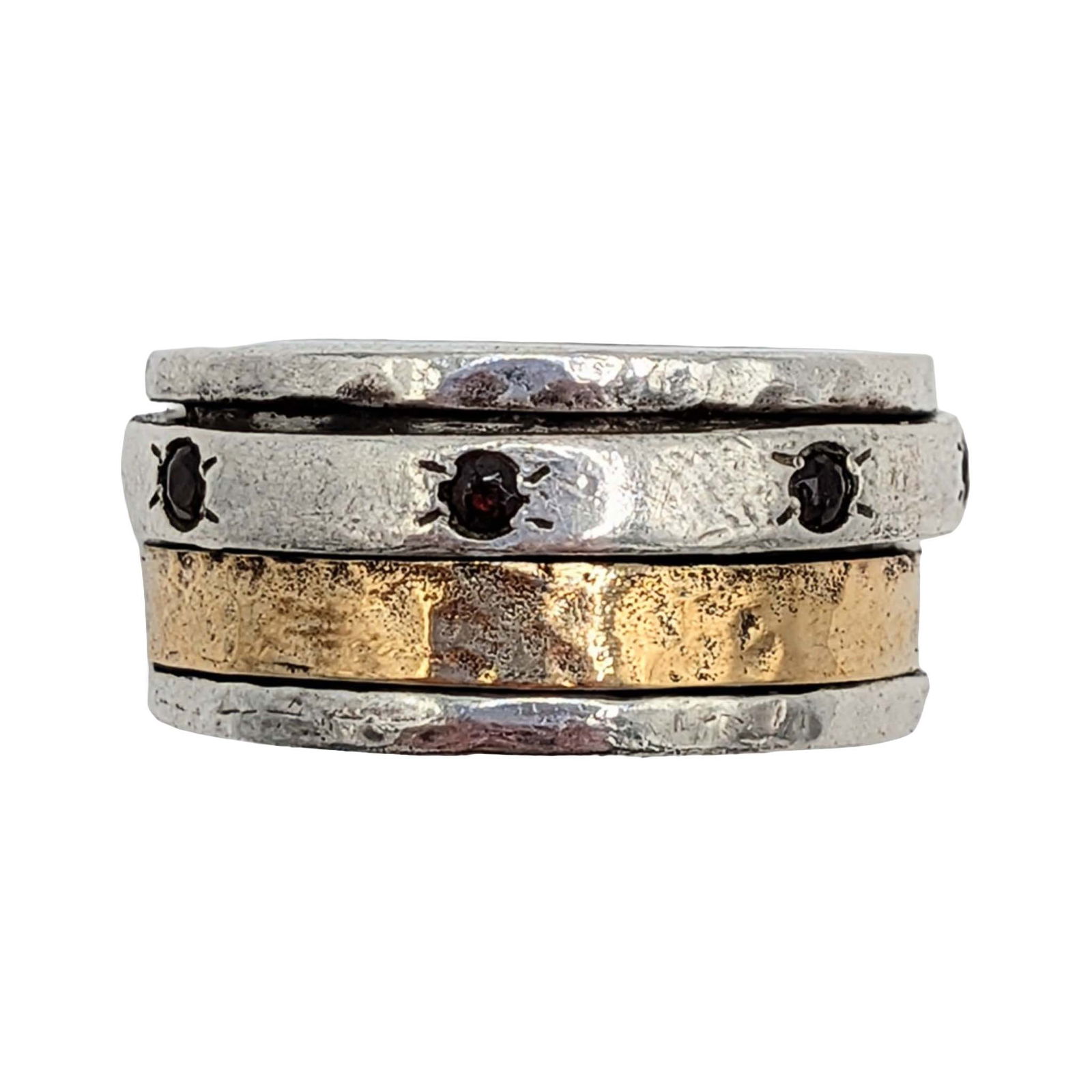 Signed Israeli 14KT Gold Sterling Onyx Double Spinner Ring: Signed 14KT Yellow Gold, Sterling Silver, Onyx Double Spinner Ring. Size 6.5. Signed with Hebrew Letters partially faded 925. 14.2g