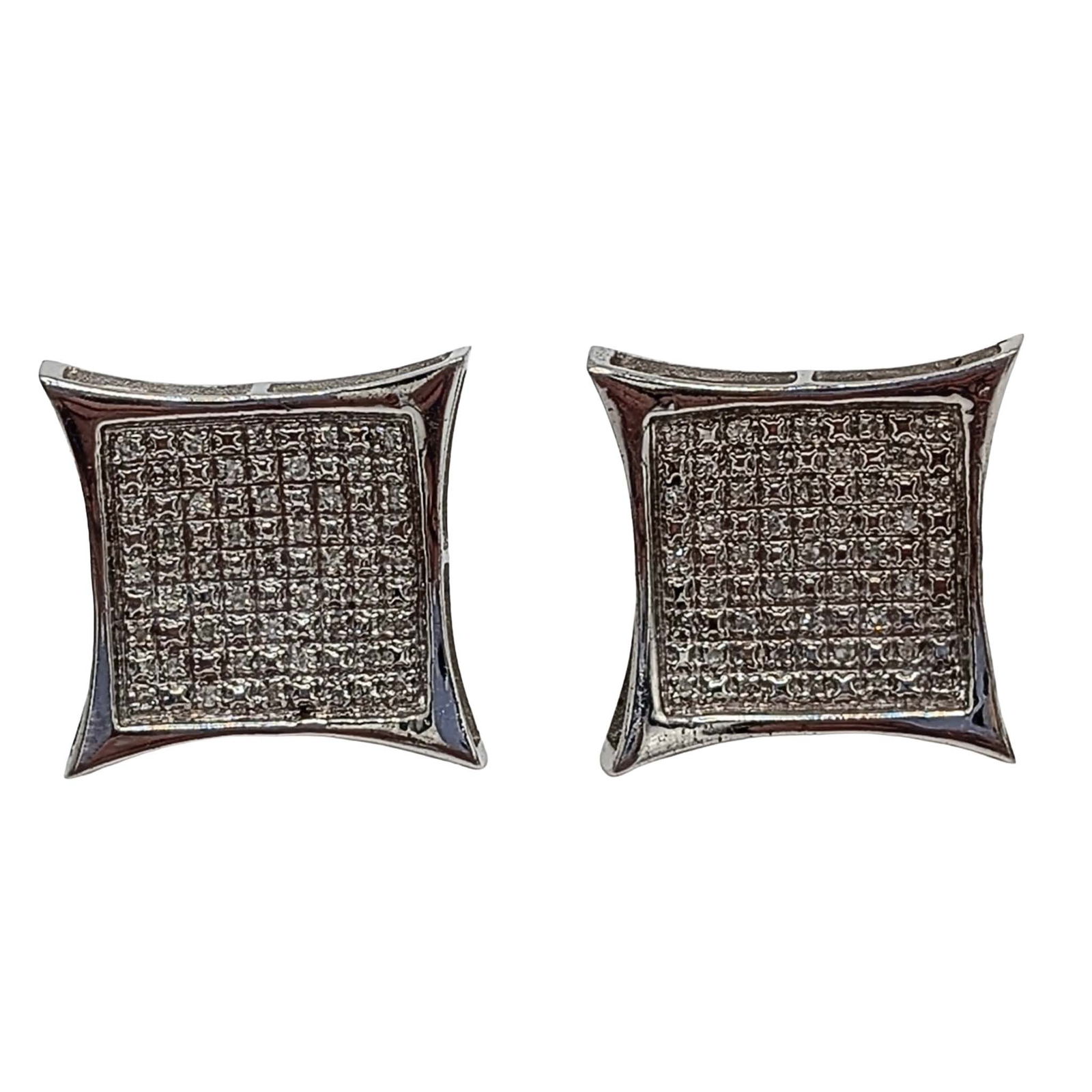 Sterling Silver Diamond Micro Pave Square Stud Earrings: Sterling Silver, Diamond Micro Pave Set Square Stud Earrings with Screw Backs. Signed 925. 3.7g