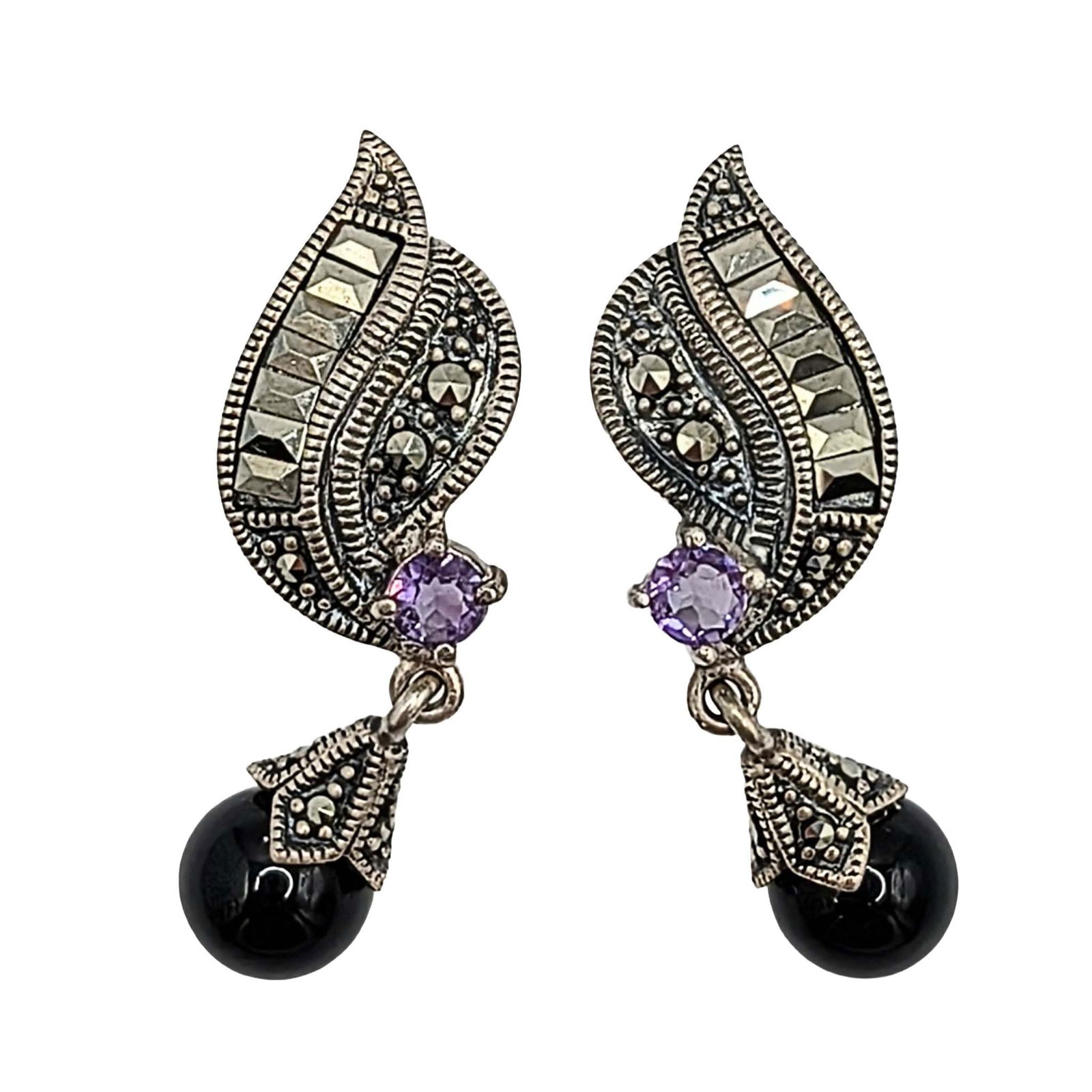 Signed Sterling Silver Multi Gemstone Deco Dangle Stud Earrings: Signed Sterling Silver, Amethyst, Marcasite, Onyx Dangle Deco Stud Earrings. Signed A 925. 7.8g