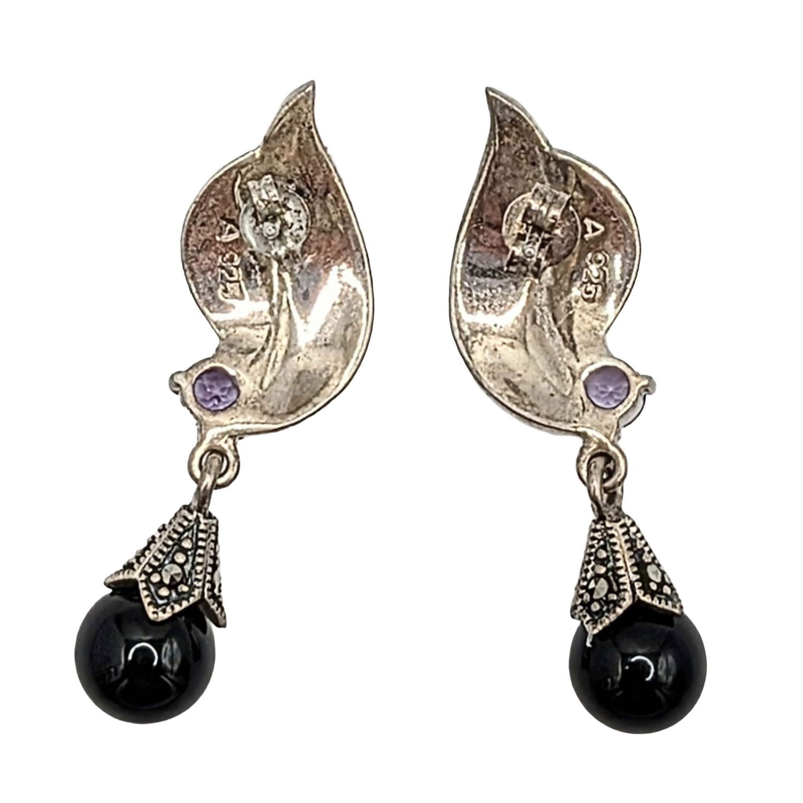 Signed Sterling Silver Multi Gemstone Deco Dangle Stud Earrings - 2