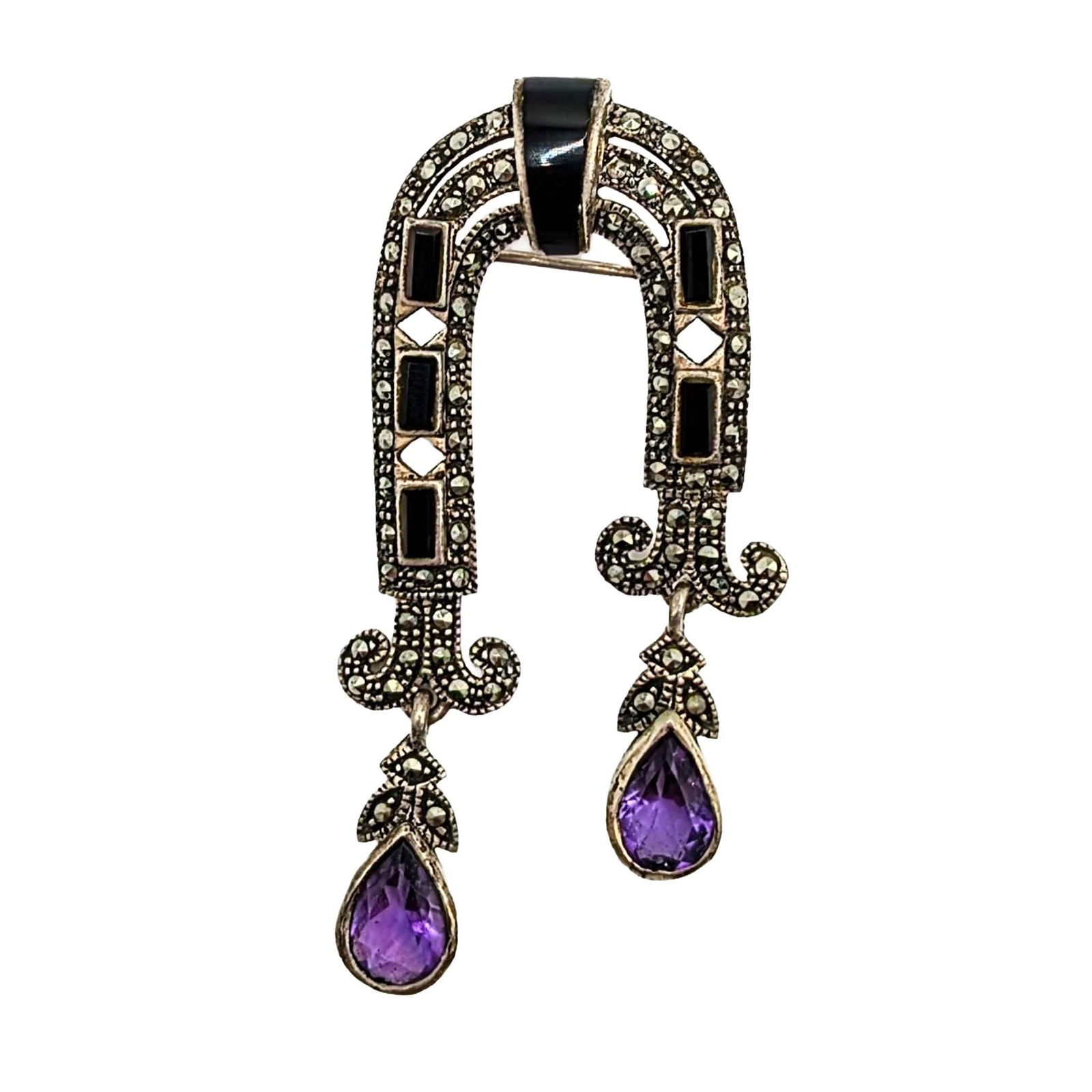 Signed Sterling Multi Gemstone Deco Dangle Brooch: Signed Sterling Silver, Amethyst, Marcasite, Onyx Dangle Deco Brooch. Signed A 925. 11.2g