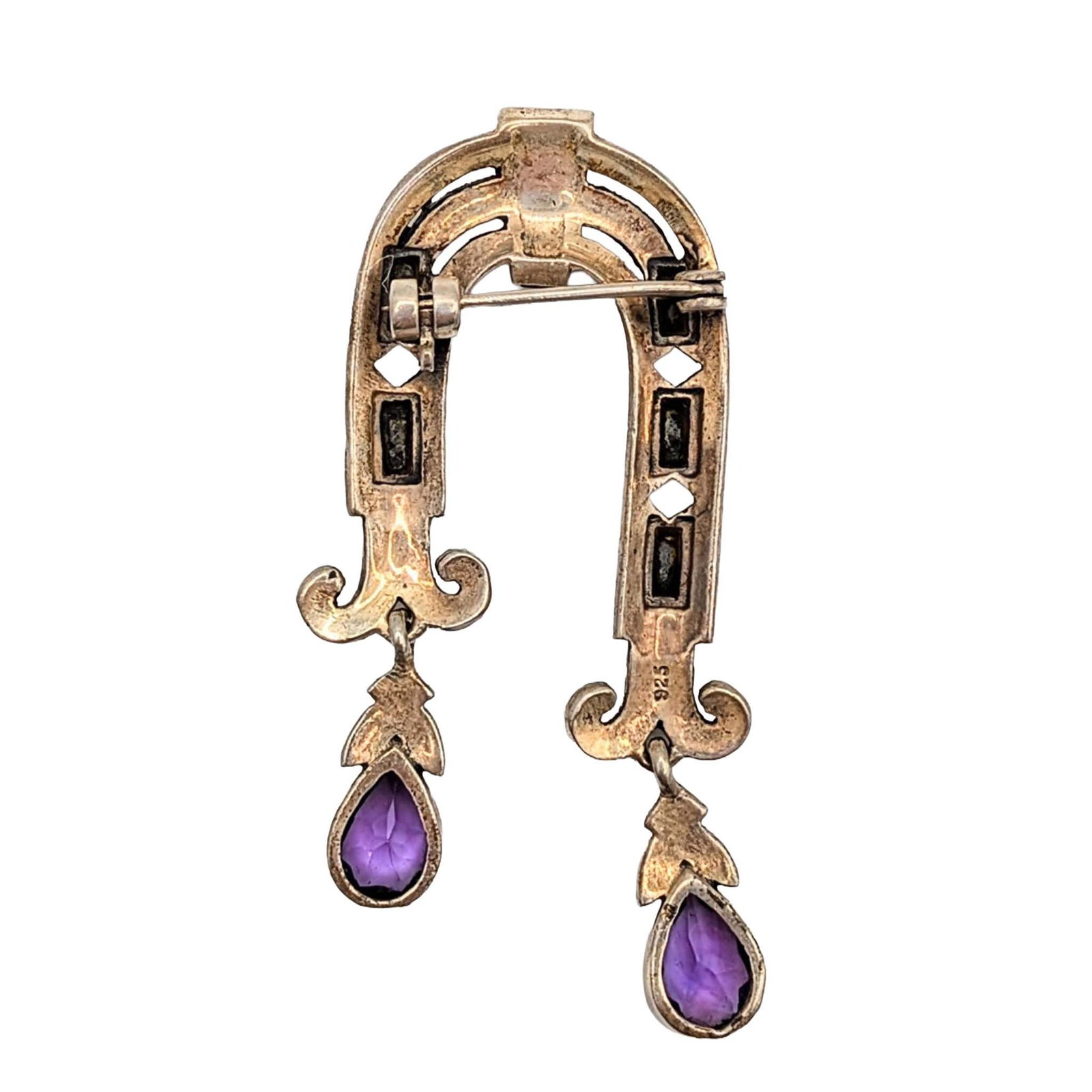 Signed Sterling Multi Gemstone Deco Dangle Brooch - 2