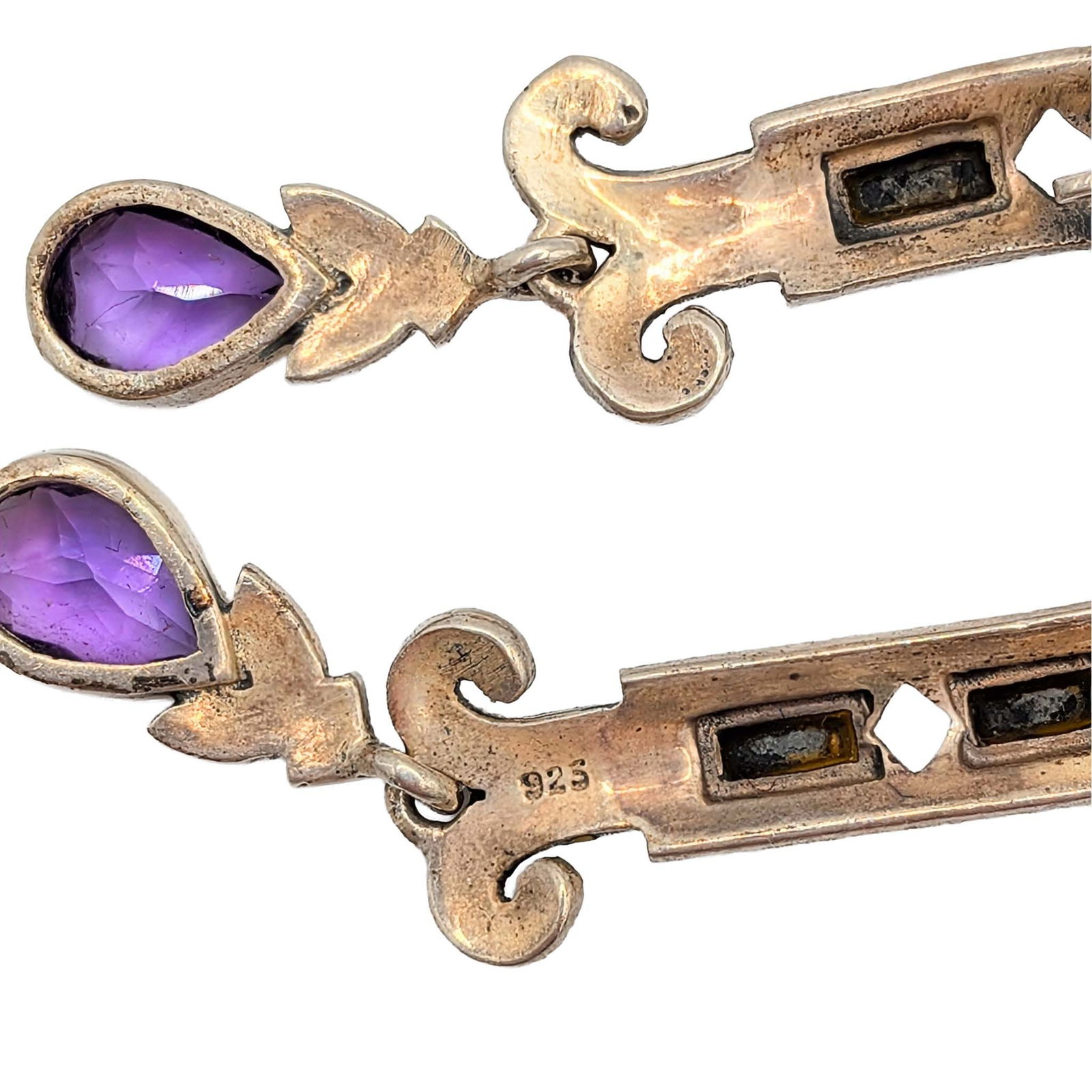 Signed Sterling Multi Gemstone Deco Dangle Brooch - 3